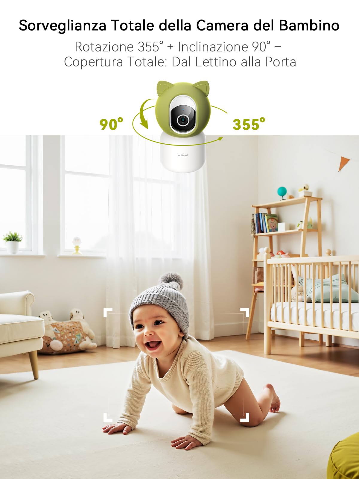 2K 4MP Baby Monitor Telecamera WiFi Interno 355°, APP Controllo, Luce Notturna Calda, Visione Notturna, Audio Bidirezionale, Promemoria Allattamento, Promemoria Temperatura e Umidità, Ninne Nanne