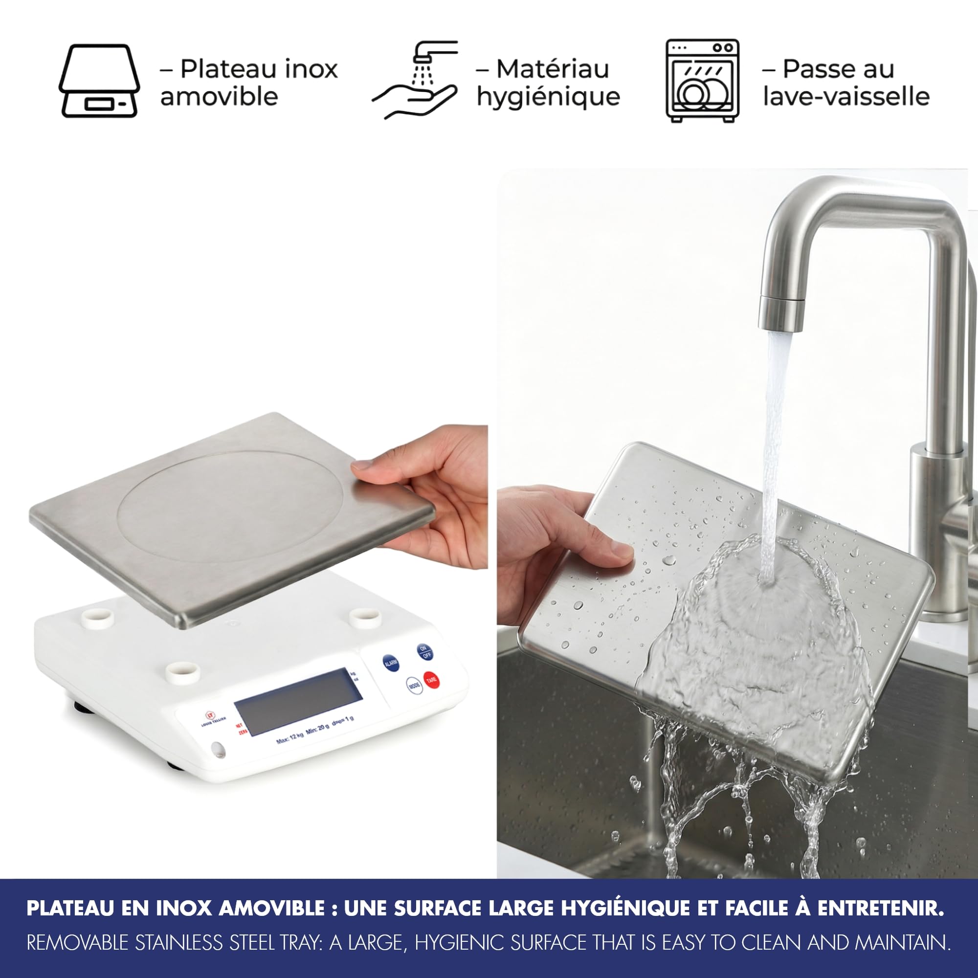 Louis Tellier - Balance cuisine professionnelle électronique 12kg/1g IP53 | Précision 1g, plateau inox amovible 29,8x23,6cm ; pieds réglables, tare, unités kg/oz ; IP53, 4 piles fournies, témoin usure