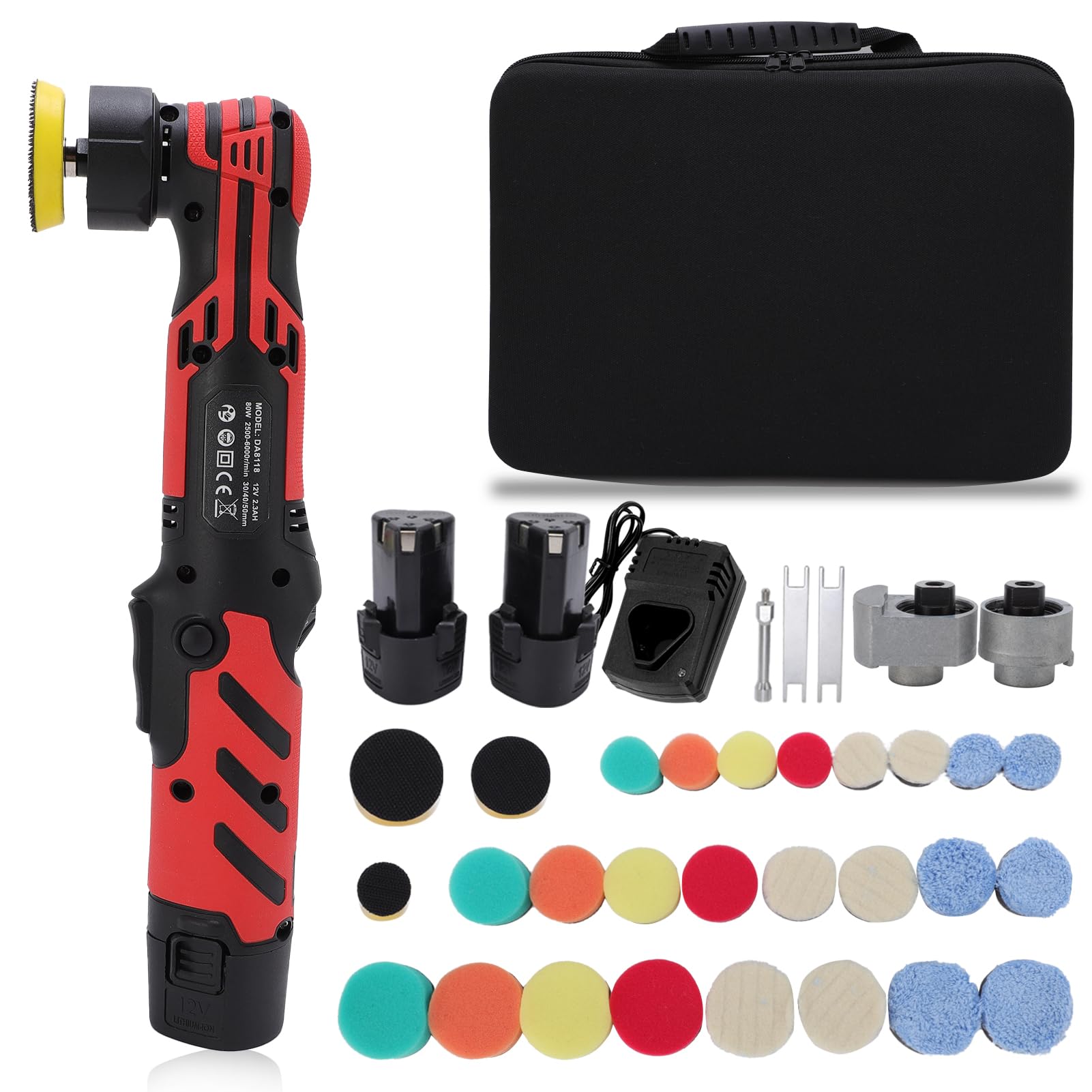 Pulidora Coche Inalámbrica 12V, Mini Pulidora Orbital con 6 Velocidades Ajustables 2500-6000RPM, Kit de Pulido para Quitar Arañazos y Pulir Faros