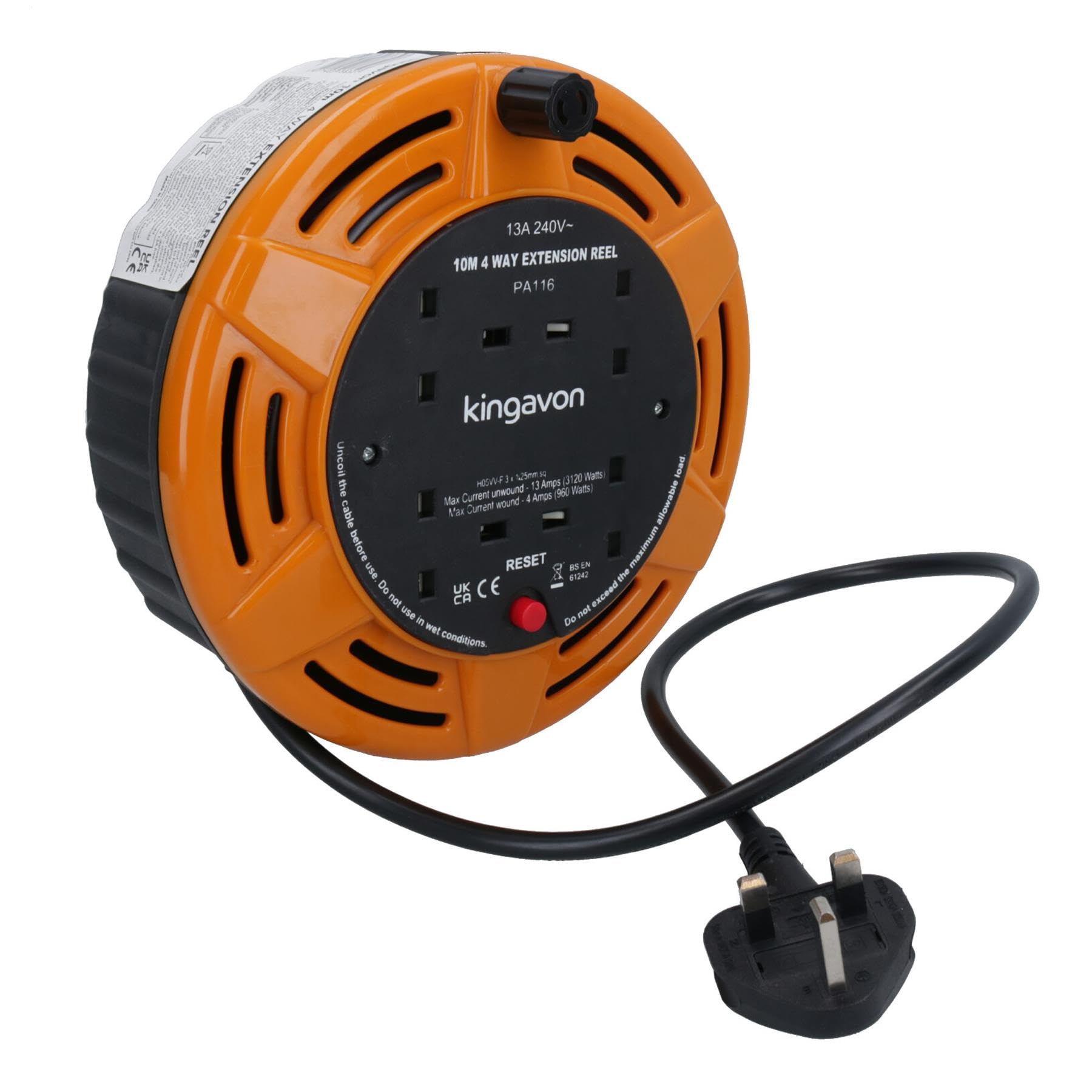 4 Way Heavy Duty Extension Lead Reel 13 Amp 10 Metres Long with UK 3 Pin Plug