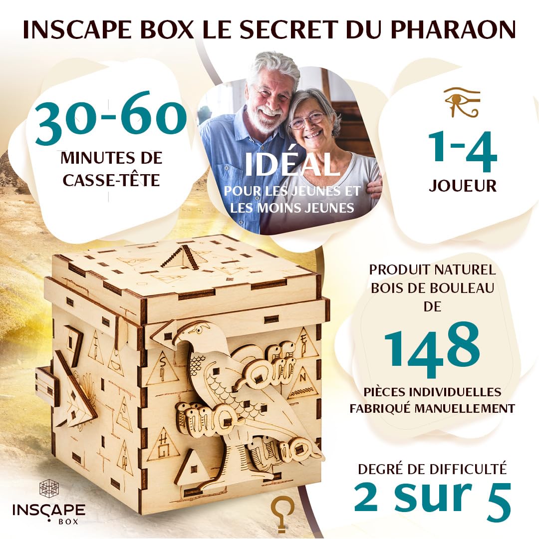 INSCAPE Pharaoh´s Secret Boîte - Escape Room in A Box - Puzzles d'esprit pour Adultes - Compartiments cachés - Boîte en Bois - Gadget