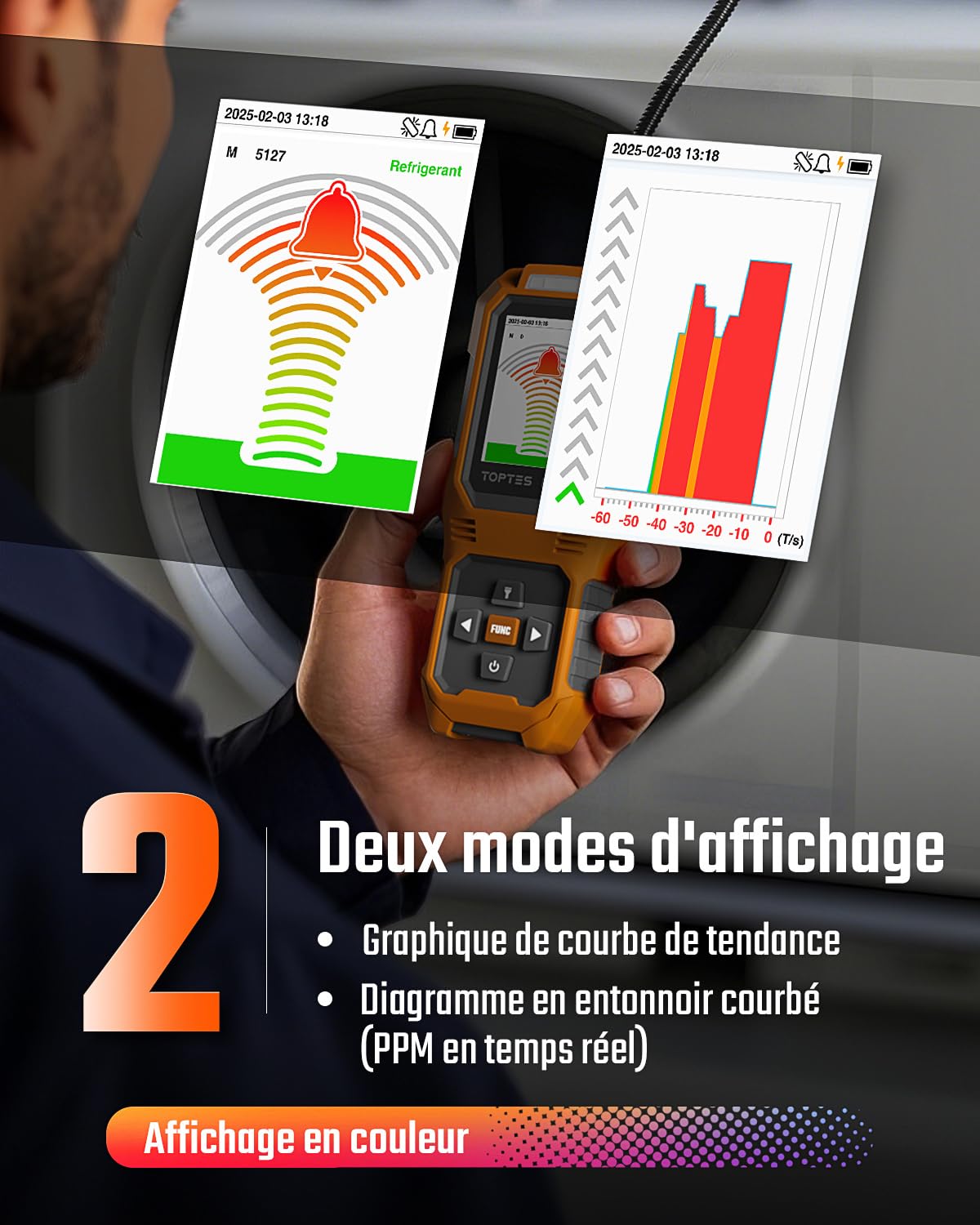 TOPTES RT-389 Détecteur de Fuite de réfrigérant Rechargeable, détecteur de Fuite de fréon avec 3 sensibilité et 3 Types d'alarme, pour CFC,HCFC,HFC,HFO,HC pour Automobile, Maison Industrie – Orange