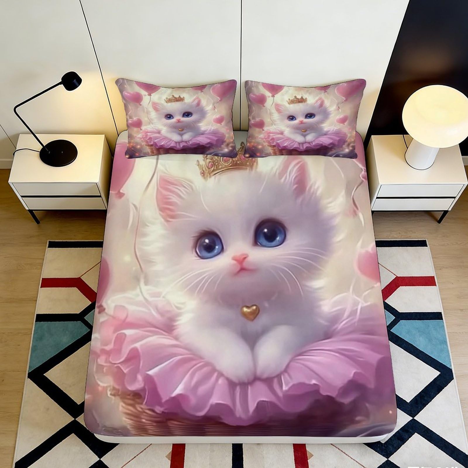 Elegant bedroom decor 3D Printed Fitted Sheet with cute white kitten pattern, Microfiber soft touch, guest room bedding, wrinkle resistant, easy to remove 180x200x25cm