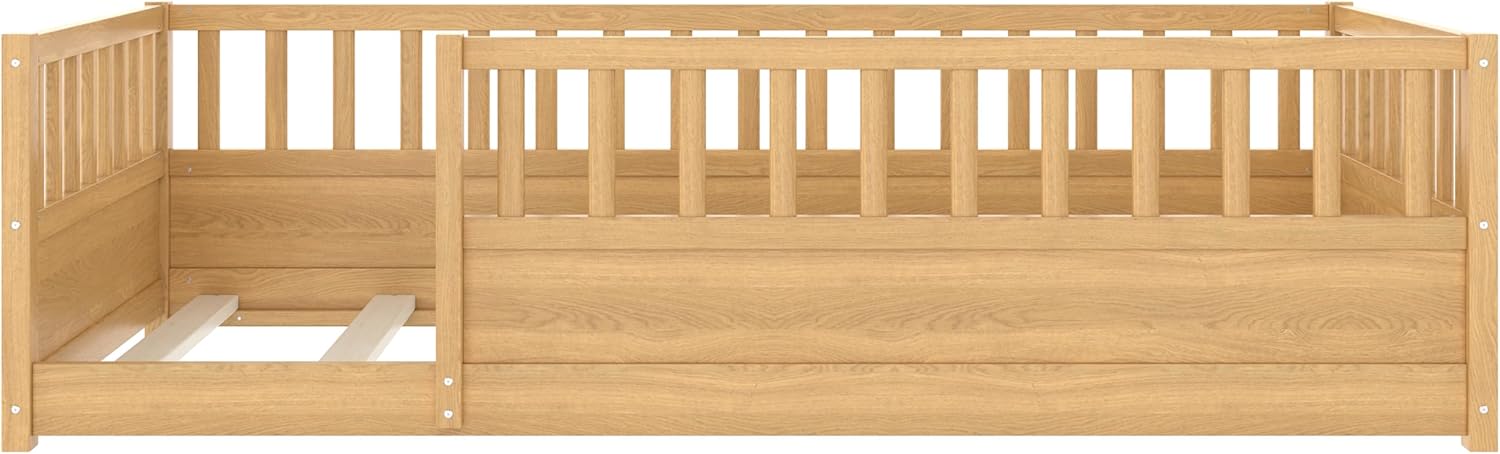 Bellemave Twin Size Floor Bed with Slats and High Guardrail, Twin Size Montessori Floor Bed with Fence, Easy Assemble Montessori Beds for Kids, Girls, Boys, Natural