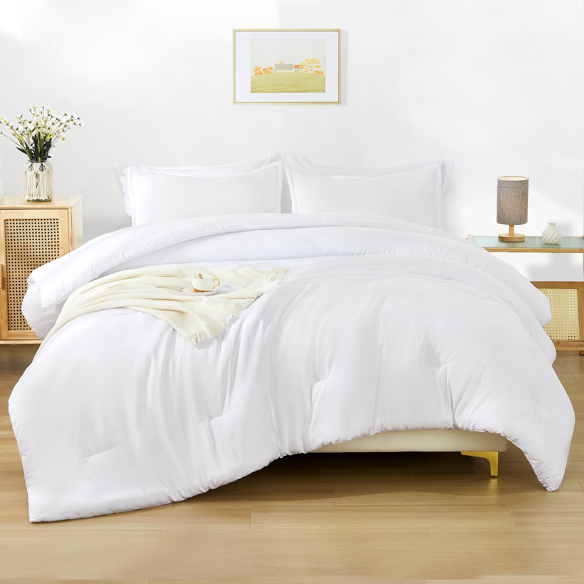 andency white comforter queen size - 7 pieces bed in a bag queen size bedding comforter sets for all season, boho soft lightweight comforter with fitted sheets, flat sheets, pillowcases & shams