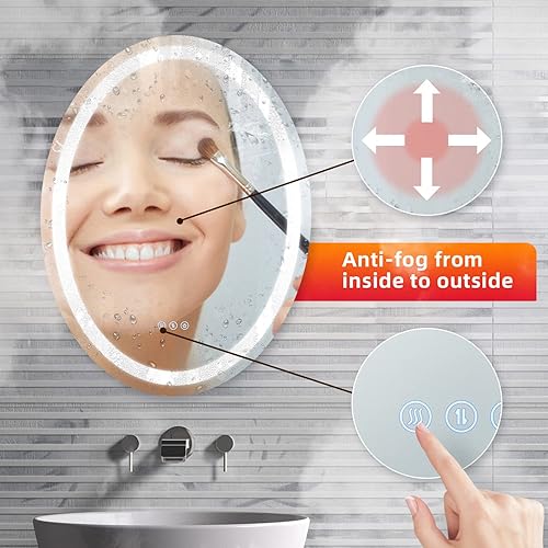 Miniatura 5 de Espejo de baño LED ovalado de 24 x 32 pulgadas, espejo LED inteligente para pared de baño, espejo de tocador iluminado ovalado con luz de 3 colores,