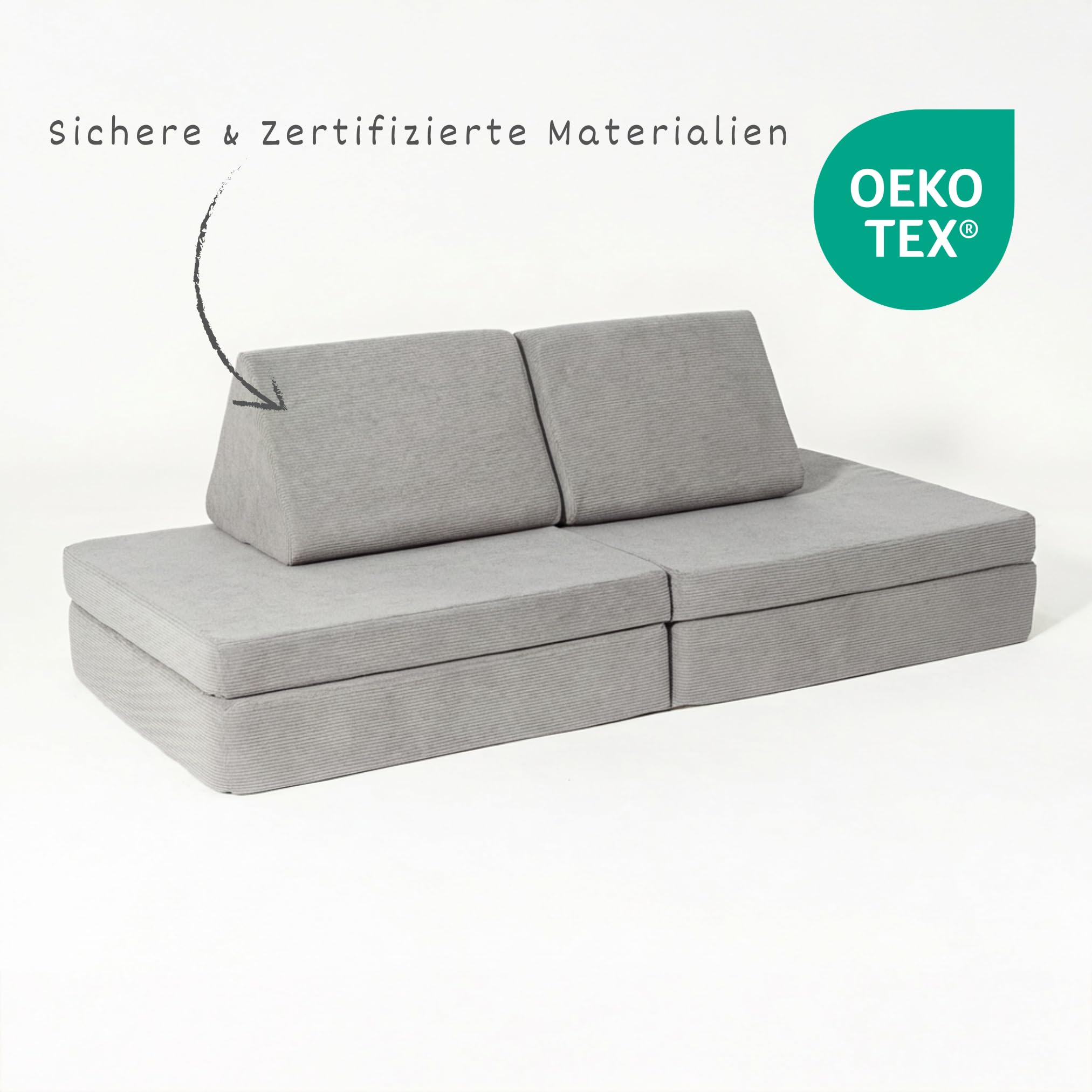 malwim Spielsofa für Kinder - 4-teiliges Set aus Premium Cord - Handgefertigt in EU (Oeko-TEX®) - 150x66cm Spielcouch mit 2 Matratzen & 2 Dreieckskissen - Waschbar & Schadstofffrei - Mausgrau