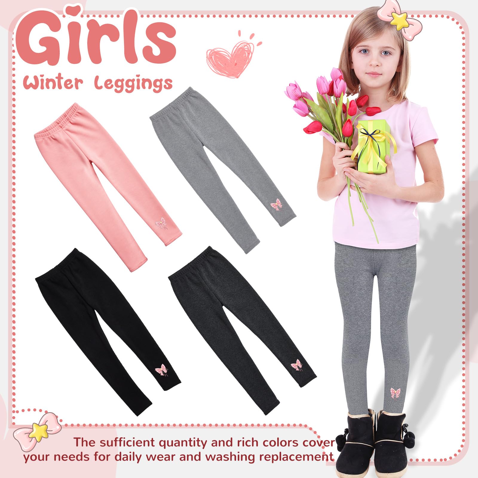 Twistover Winter-Leggings für Mädchen, mit Fleece gefüttert, Schleife, dicke Thermostrumpfhose, Baumwolle, volle Länge, 4 Stück