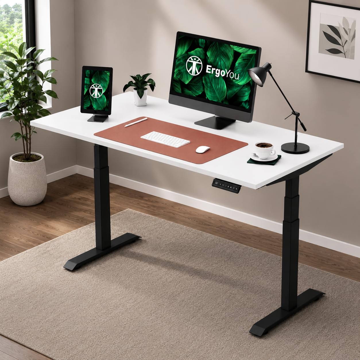 ErgoYou Premium Electric Height Adjustable Table Heavy Duty - Dual Motor 3 Stage - 150 Kgs Max Weight Capacity - E3A Series - Ergonomic Sit Stand Desk - 47 x 23.5 inches - White Laminate Table Top