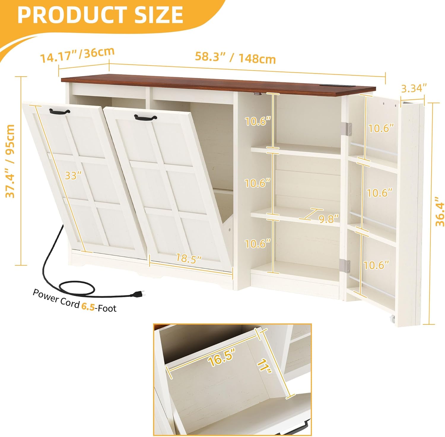 DWVO Rustic Kitchen Island with Power Strip, Farmhouse Kitchen Storage Island with 2 Tilt-Out Doors for 13 Gallon Bins, Adjustable Shelf