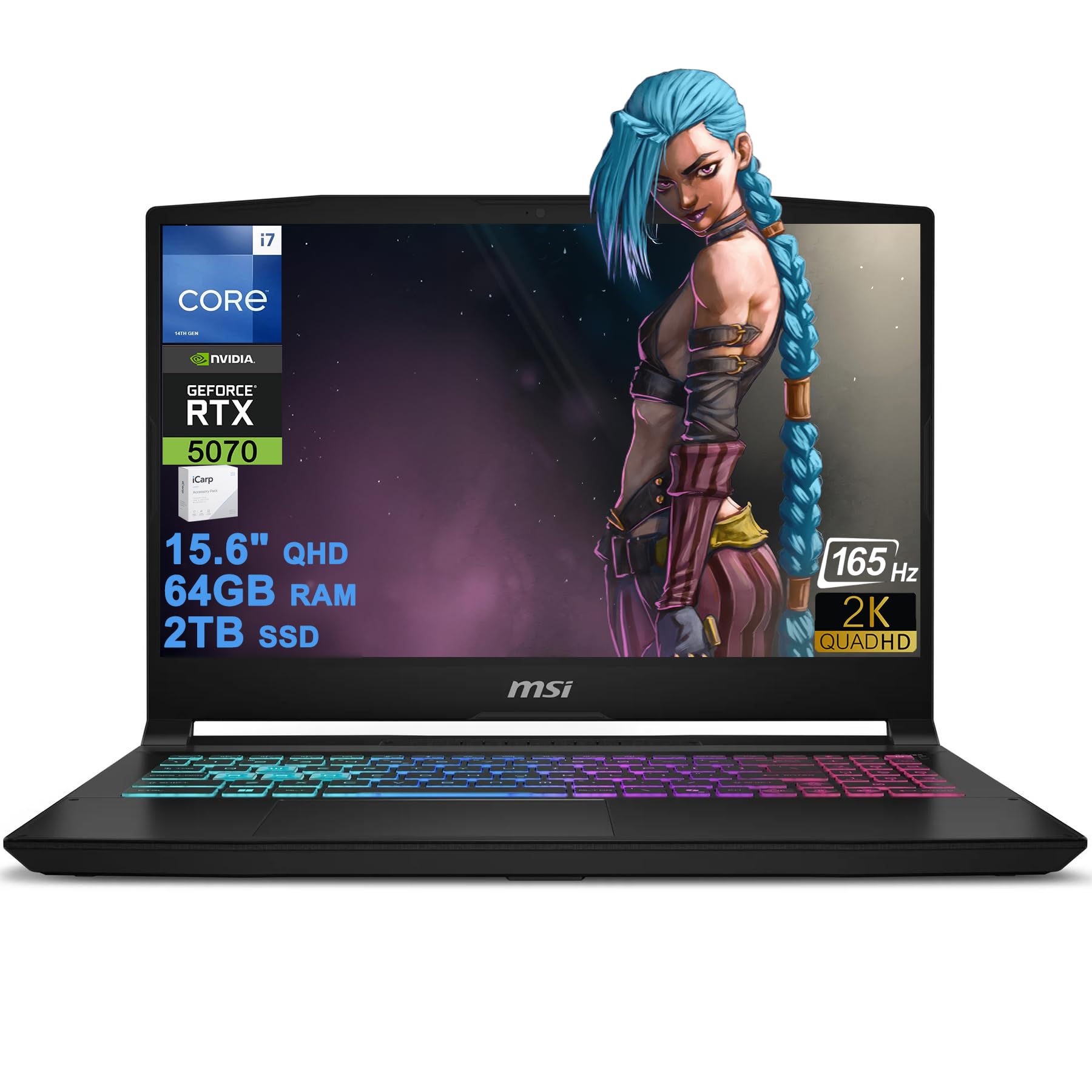 Katana 15 HX Gaming Laptop 15.6" QHD 2560x1440 165Hz 100% DCI-P3 Intel 16-core i7-14650HX (>i9-12900H) 64GB DDR5 2TB SSD GeForce RTX 5070 GDDR7 (Up to 798 AI TOPS) RGB Backlit Type-C Win11 ICP Acc