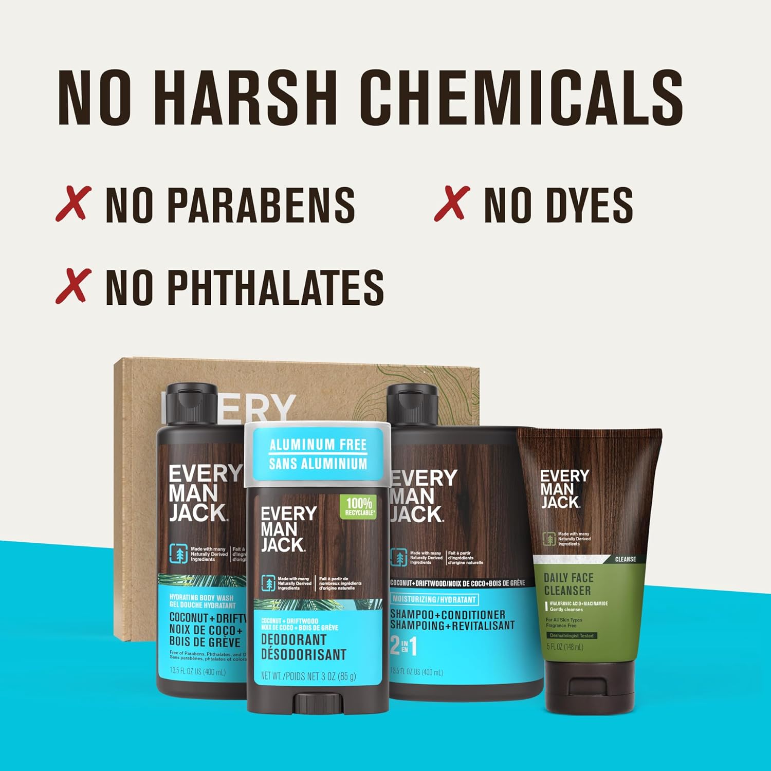 Every Man Jack Men's Bath and Body Gift Set - Coconut + Driftwood Scent - Clean Ingredients - Includes Hydrating Body Wash, 2-in-1 Shampoo, Aluminum-free Deodorant & Face Wash