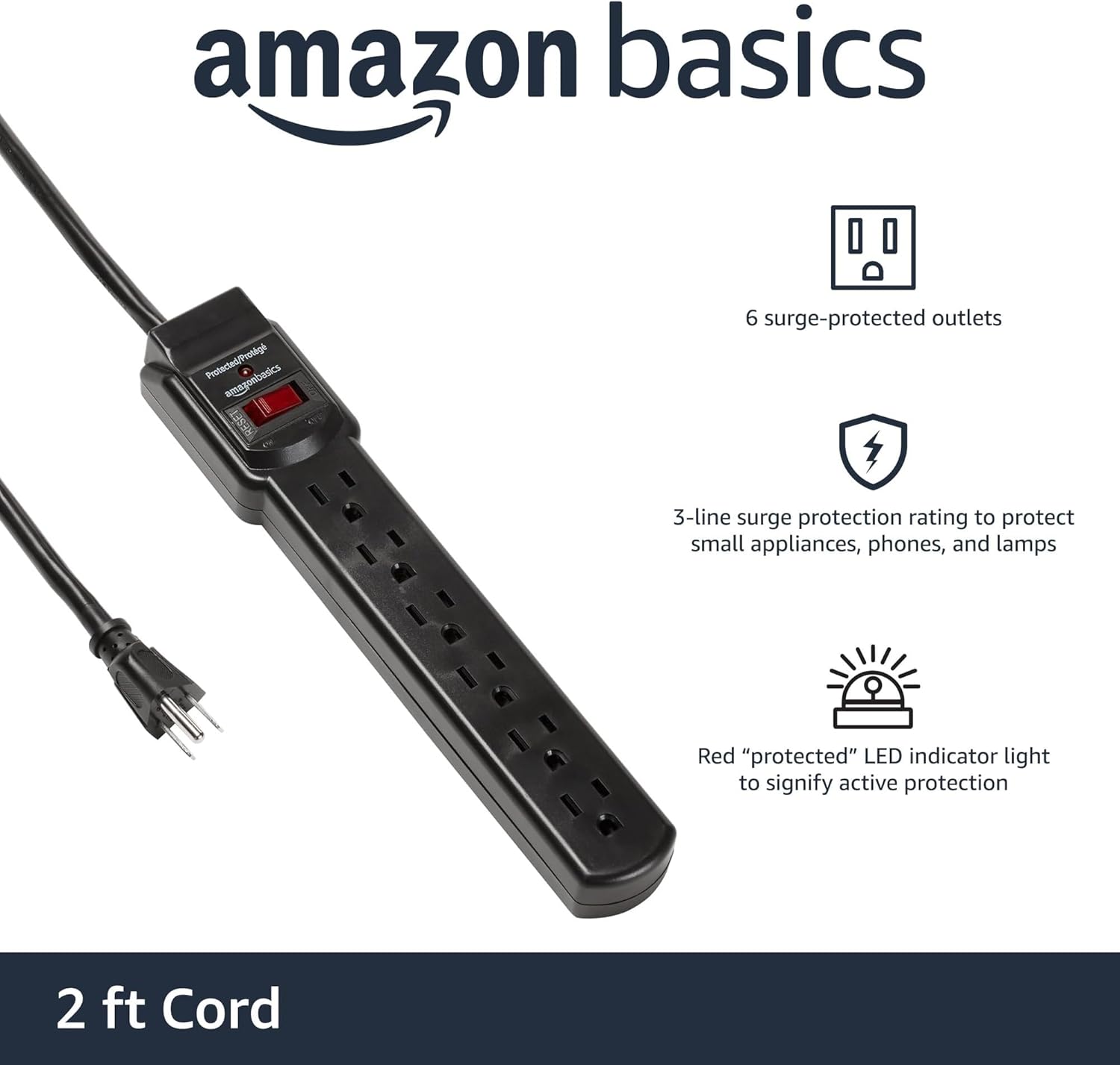 Amazon Basics 6-Outlet Surge Protector Power Strip with 200J Protection, Circuit Breaker, 2ft Extension Cord, Black, 20-Pack