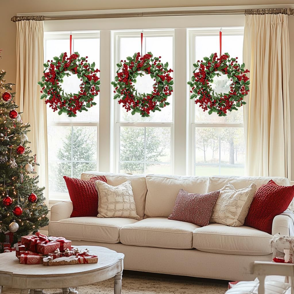 Christmas Wreath for Front Door, Real Touch Pine Artificial Wreath with Berry Clusters and Holly Leaves for Outdoor Christmas Decorations Winter Wreath, 18 Inches