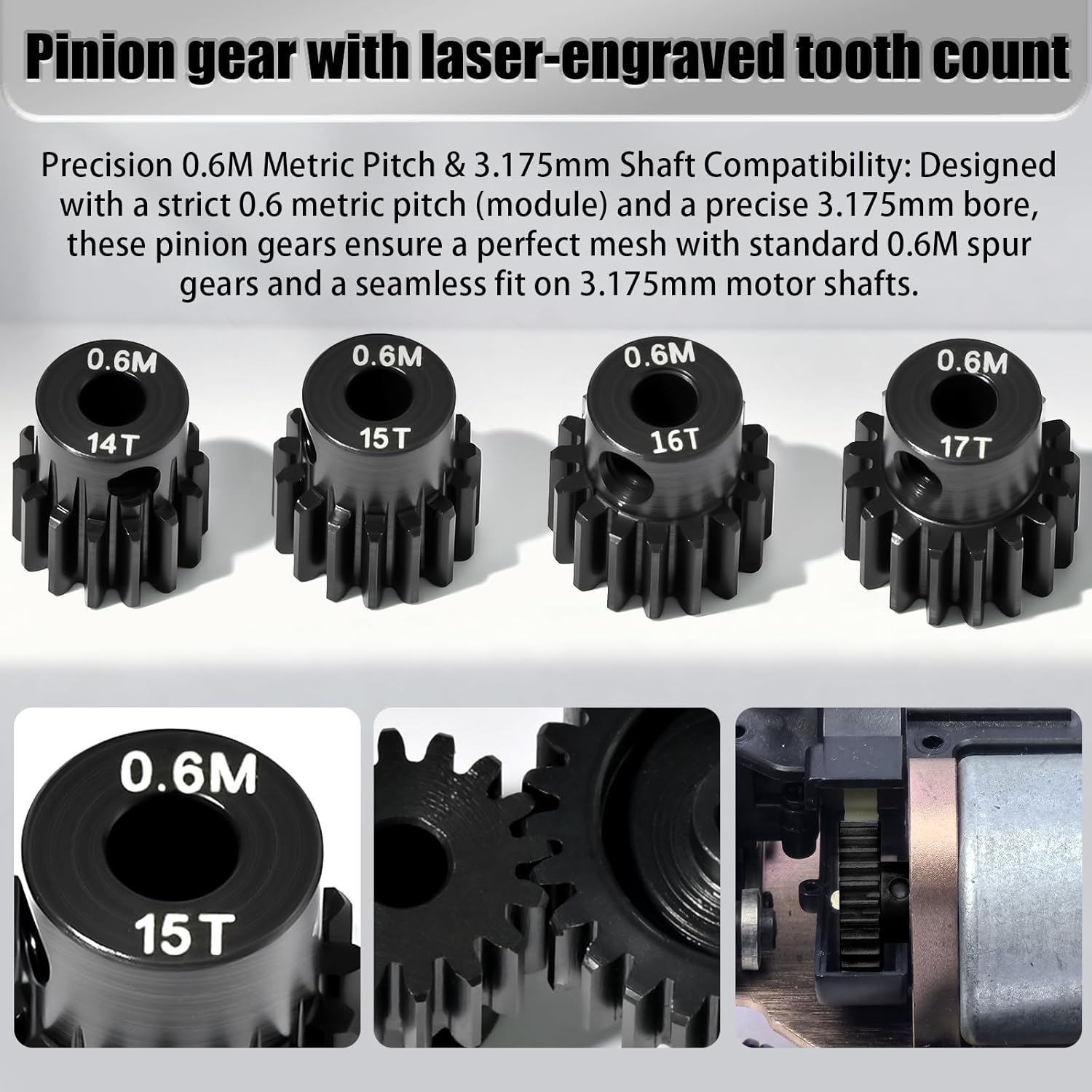 4Pcs 0.6M Hardened Steel Pinion Gear Set 3.175mm 14T 15T 16T 17T Motor Pinion Gear with M4 Screw and Hex Key, Fit 3.175mm (1/8-Inch) Shaft, for Arrma HPI Kyosho Losi Axial Traxxas Tamiya 1/10 RC Car