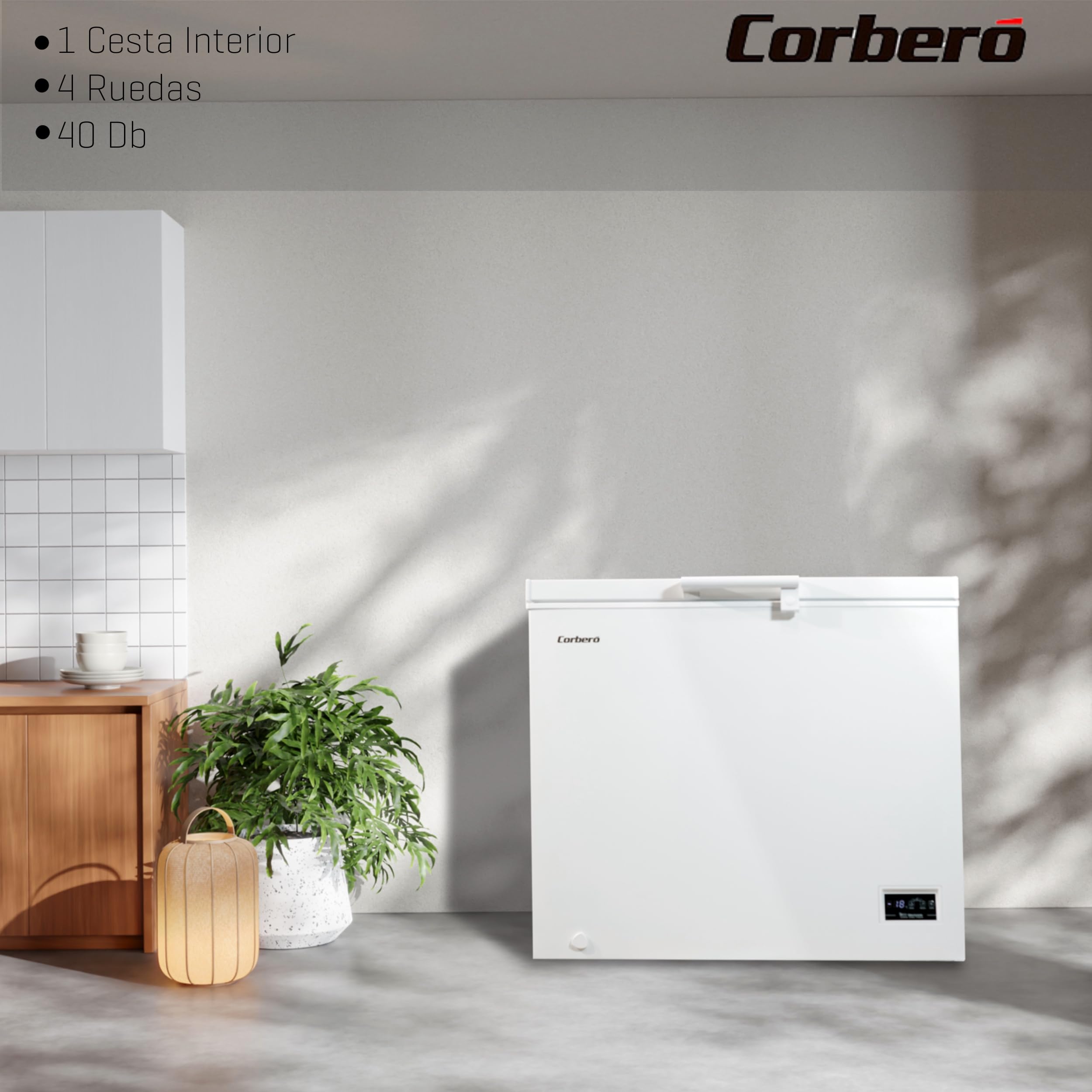 Corberó - Congelador Arcón | CCHH20024E | Capacidad 198L | Control Electrónico con Display | Luz LED | Tirador | 1 Cesta Interior | 2 Ruedas | 2 Patas Ajustables | 40 Db | Blanco