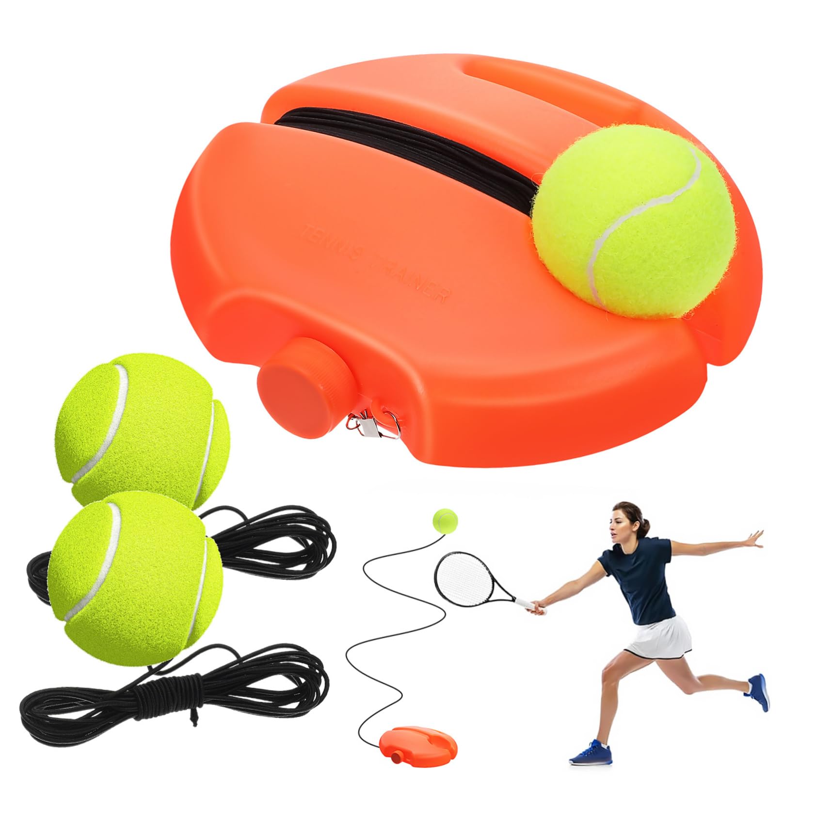 Juego de Tenis Jugador Base Naranja Estable, 3 Balones Cuerda Elástica, Entrenador de Rebote Portátil para Práctica Individual en Interiores y Exteriores
