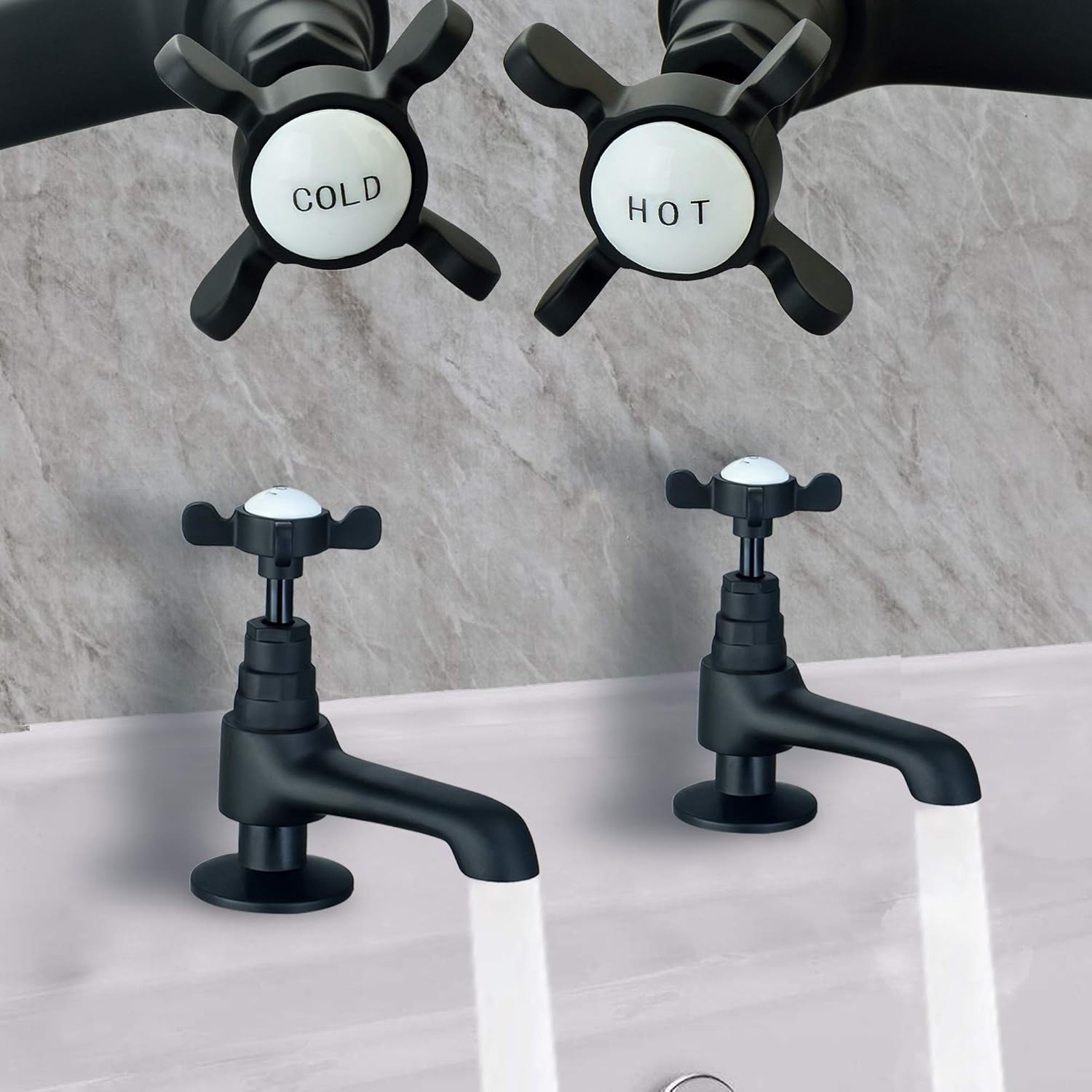 Traditional Bath Taps Pair Hot and Cold for Bathroom Tub Victorian Matte Black Cross Head ...