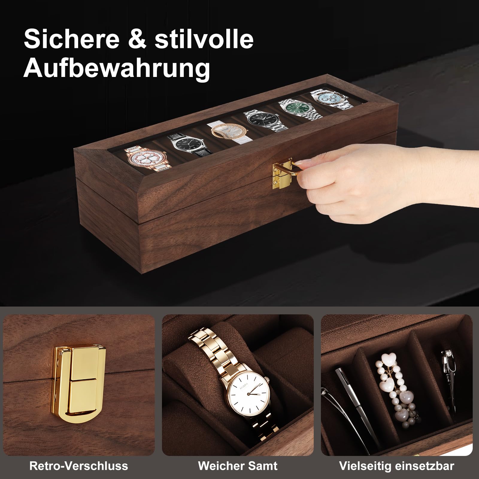 Caja de Relojes con 6 Compartimentos,Caja Relojes de Madera,Estuche de Reloje con Tapa de Cristal,Forro Suave,Cojín Extraíble,Cierre Metálico,Cajas para Reloje para Hombres y Mujeres
