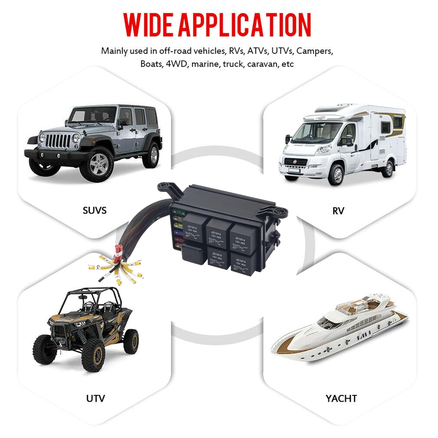 Pre-Wiring 12 Volt Fuse Relay Block with 5Pack 5Pin JD1914 Relays 4pin RTT7121 Slots 6 ATC/ATO Fuse Holders Relay Box with Harness Automotive Fuse Block with Fuse Box 12V Universal Kit