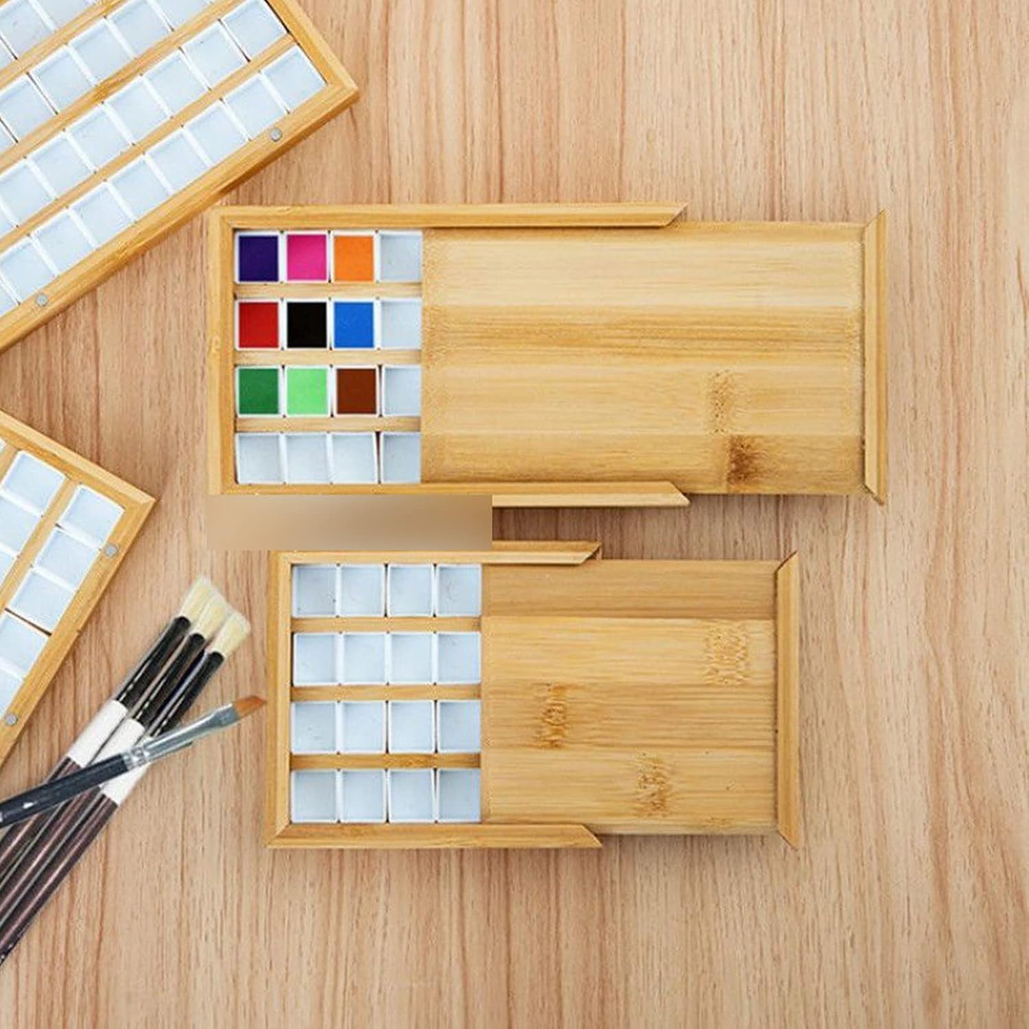 1 Piece Watercolor Wooden Palette Box with Half Pans Grid Pull-Out Type Oil Drawing ray Pallets Portable Travel Paint Tray