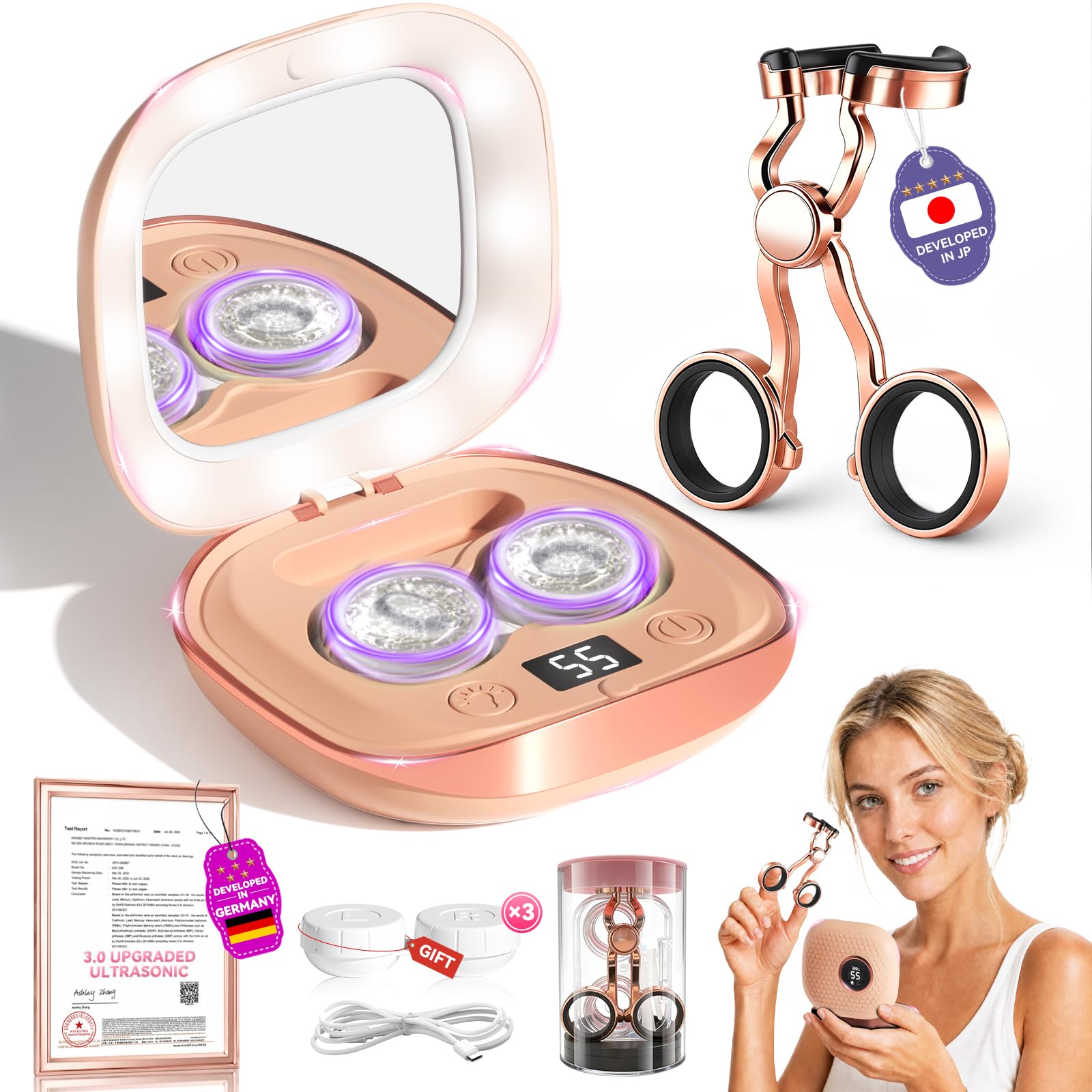 Ultrasonic Contact Lens Cleaner and Contact Lens Applicator Tool Kit (Pink+Rose Gold)