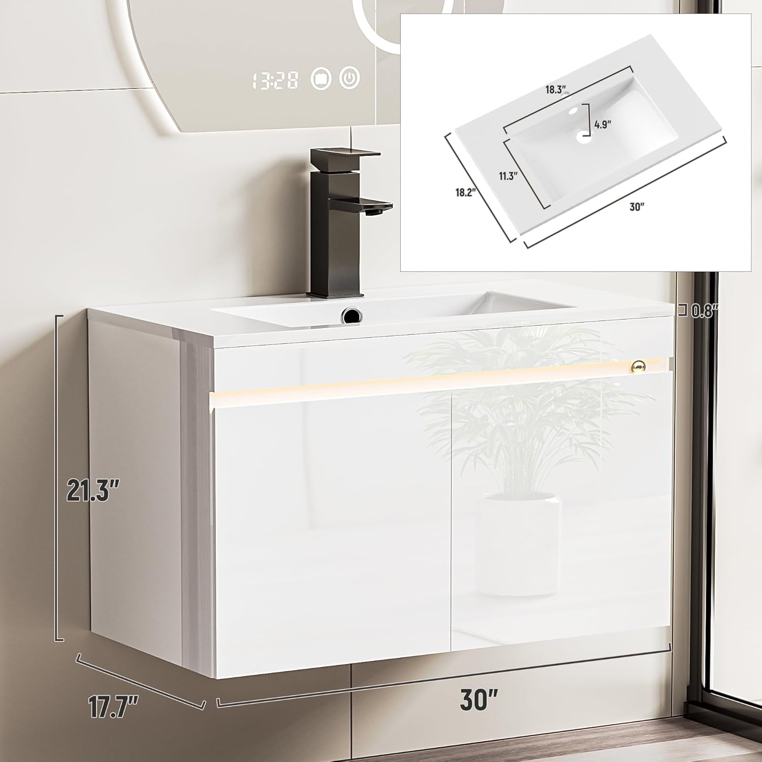 Spurgehom 30 inch Bathroom Vanity with Sink and Faucet, Floating Vanity Bathroom Cabinet with Lights, Modern Wall Mounted Storage Cabinet with Soft-Close System, White