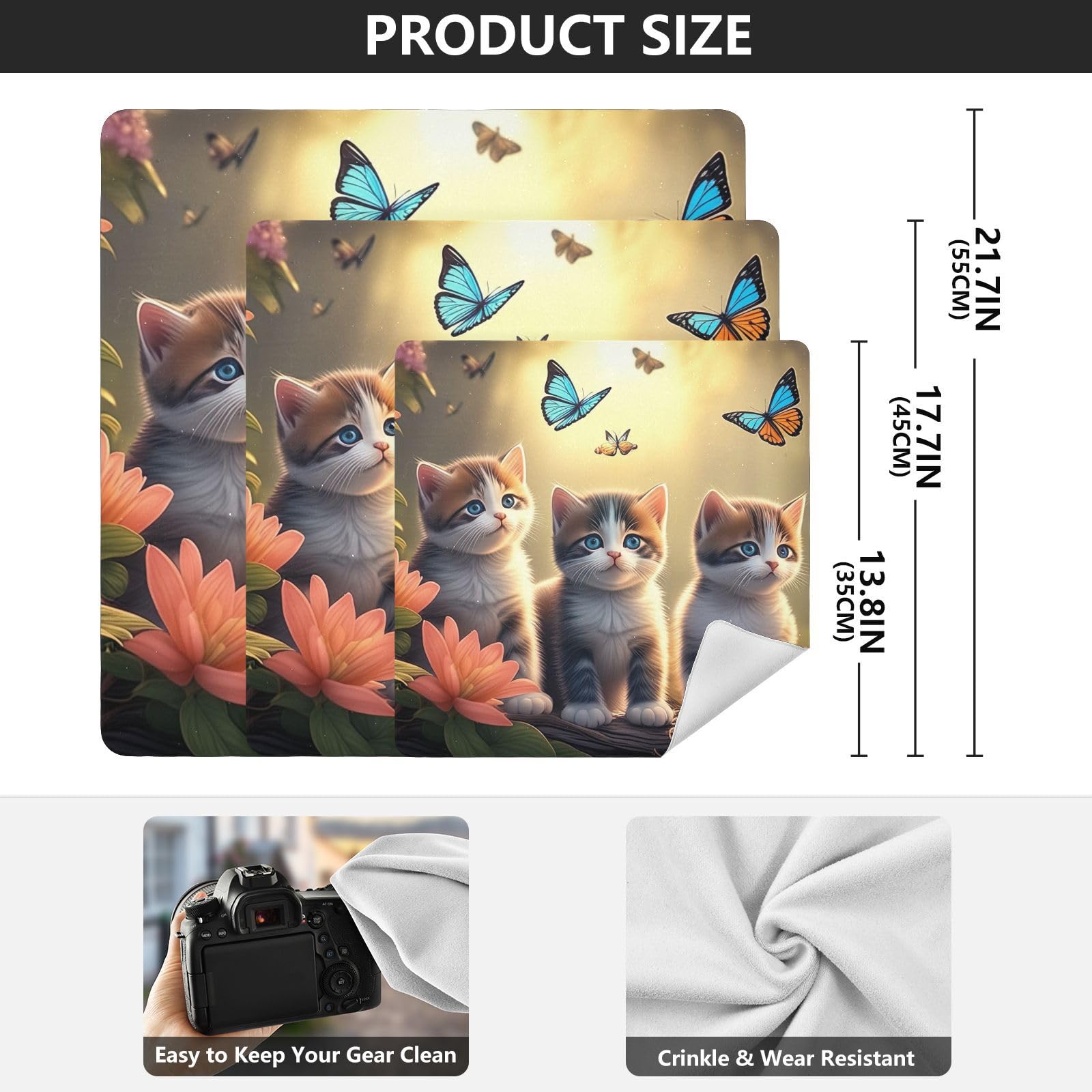 ODAWA Lens Protective Wrap 17.7 In, Cute Kittens Butterflies Changeable Capacity Cosmetic Bag, Easy-Storage Magic Cloths for Camera