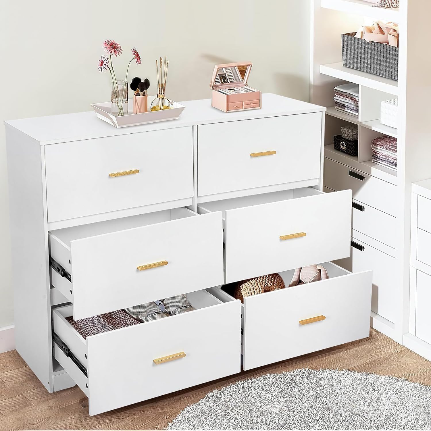 GarveeHome Dresser for Bedroom, Modern 6 Drawer Dresser for Bedroom, Wide Wood Chests of Drawers Storage with Metal Handle for Entryway, Hallway
