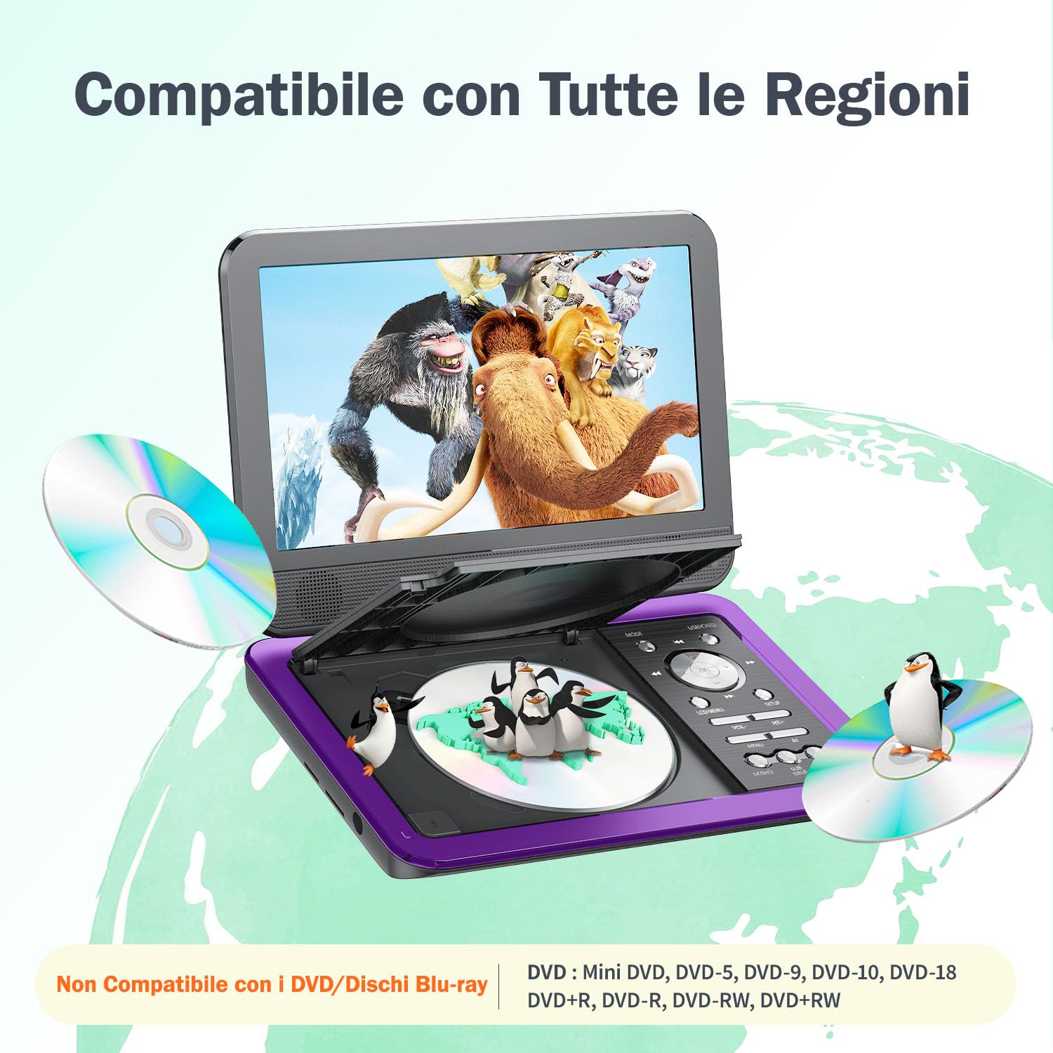 YOTON Lettore DVD Portatile da 12,5" con Schermo Girevole HD da 10,5" per Auto e Bambini, con Caricatore per Auto, Supporta 6 Ore di Batteria Integrata e USB/scheda SD/sincronizzazione TV
