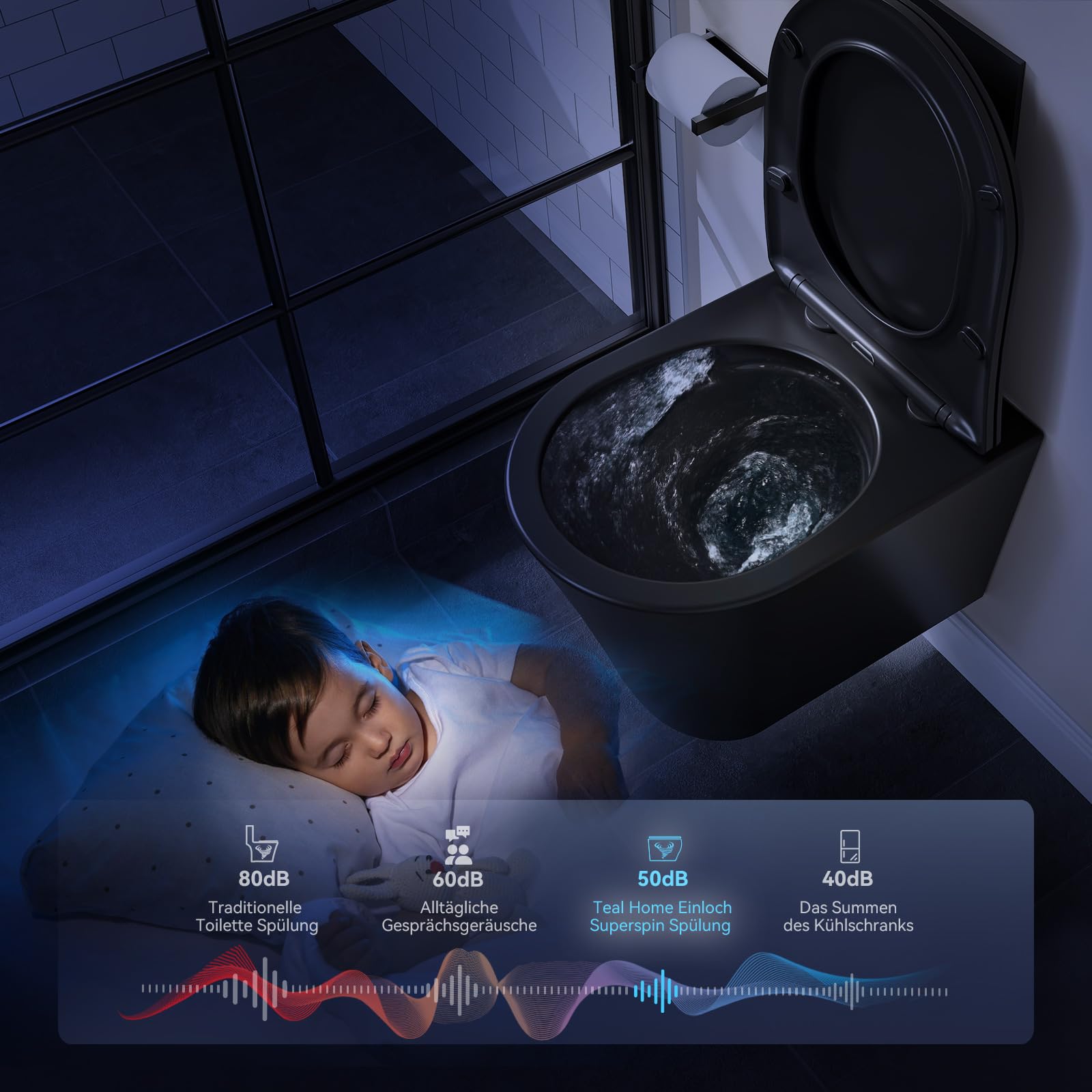 Wisząca WC na ścianie, matowa czerń, z wolnoopadającą deską klozetową, ceramiczna z powłoką nano - jednootworowa spłuczka superspinowa - 48,5 × 35,5 × 35,5 cm