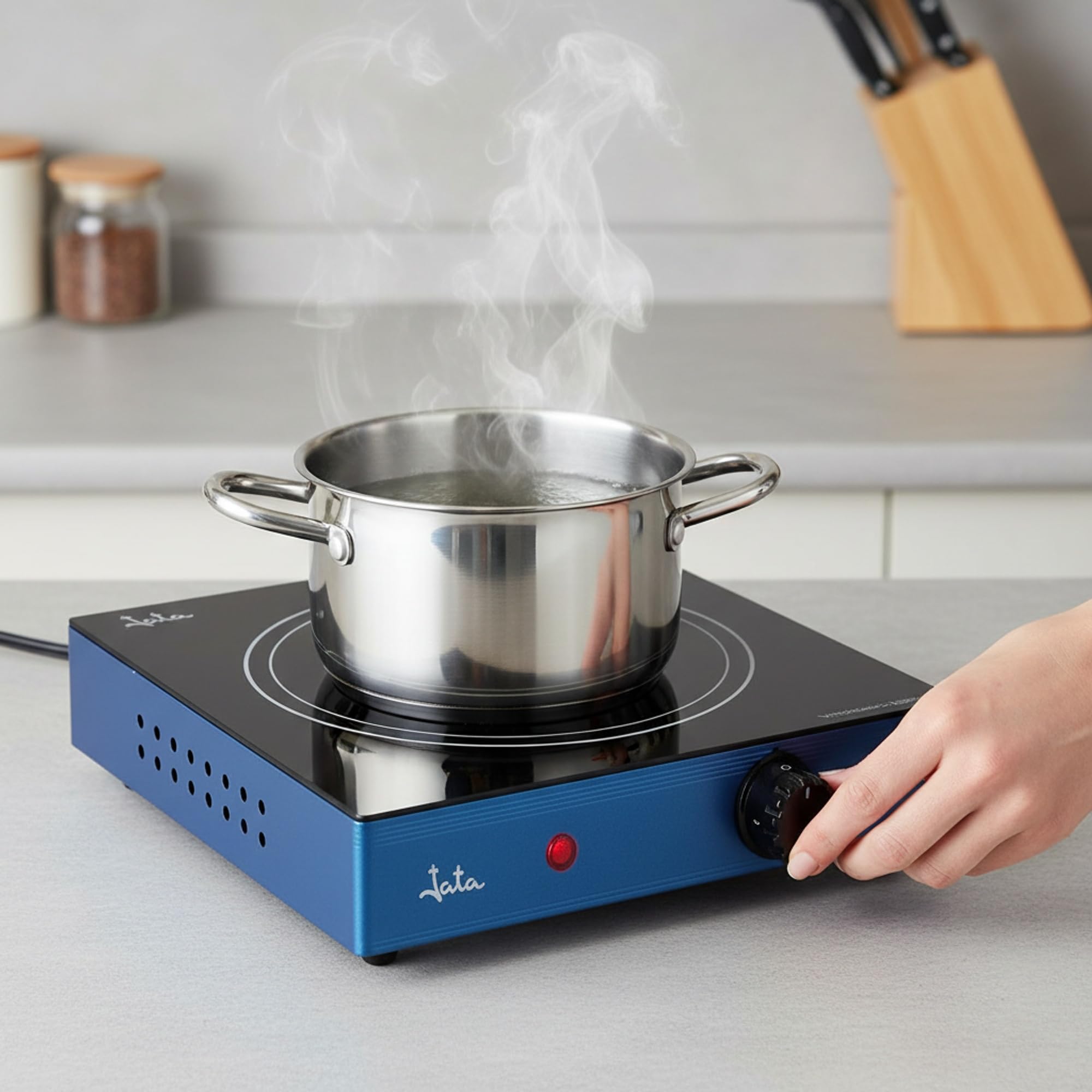 Jata V140 Cocina Eléctrica Vitrocerámica 1 Fuego con Una Placa de 18 cm Cuerpo Metálico Termostato Regulable de Temperatura 2000 W