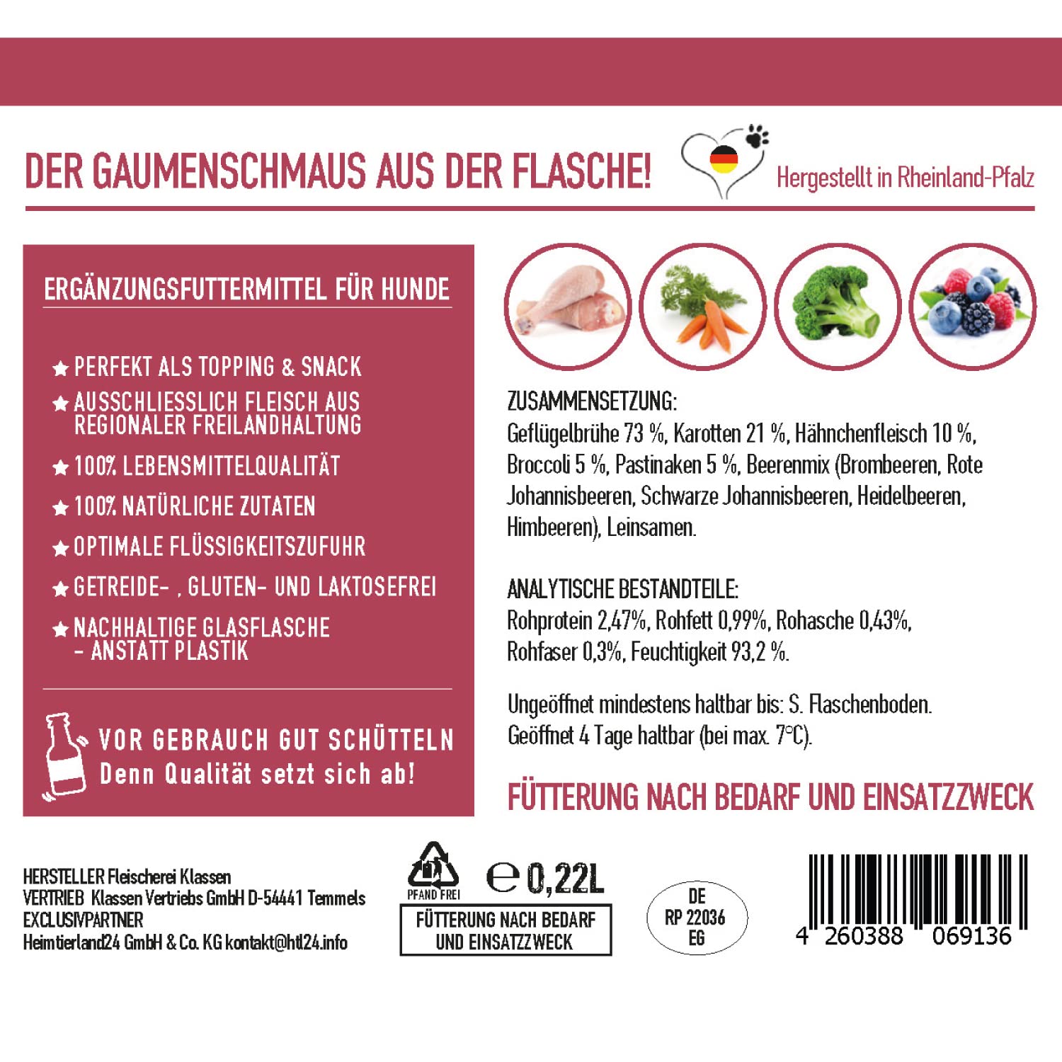 TJURE Hundesmoothie Huhn mit Beeren | 6 x 220 ml | Premium Smoothie für Hunde | Mit Hühnerfleisch & Beerenmix | Getreidefrei & Laktosefrei | Ohne Zusatzstoffe | Made in Germany
