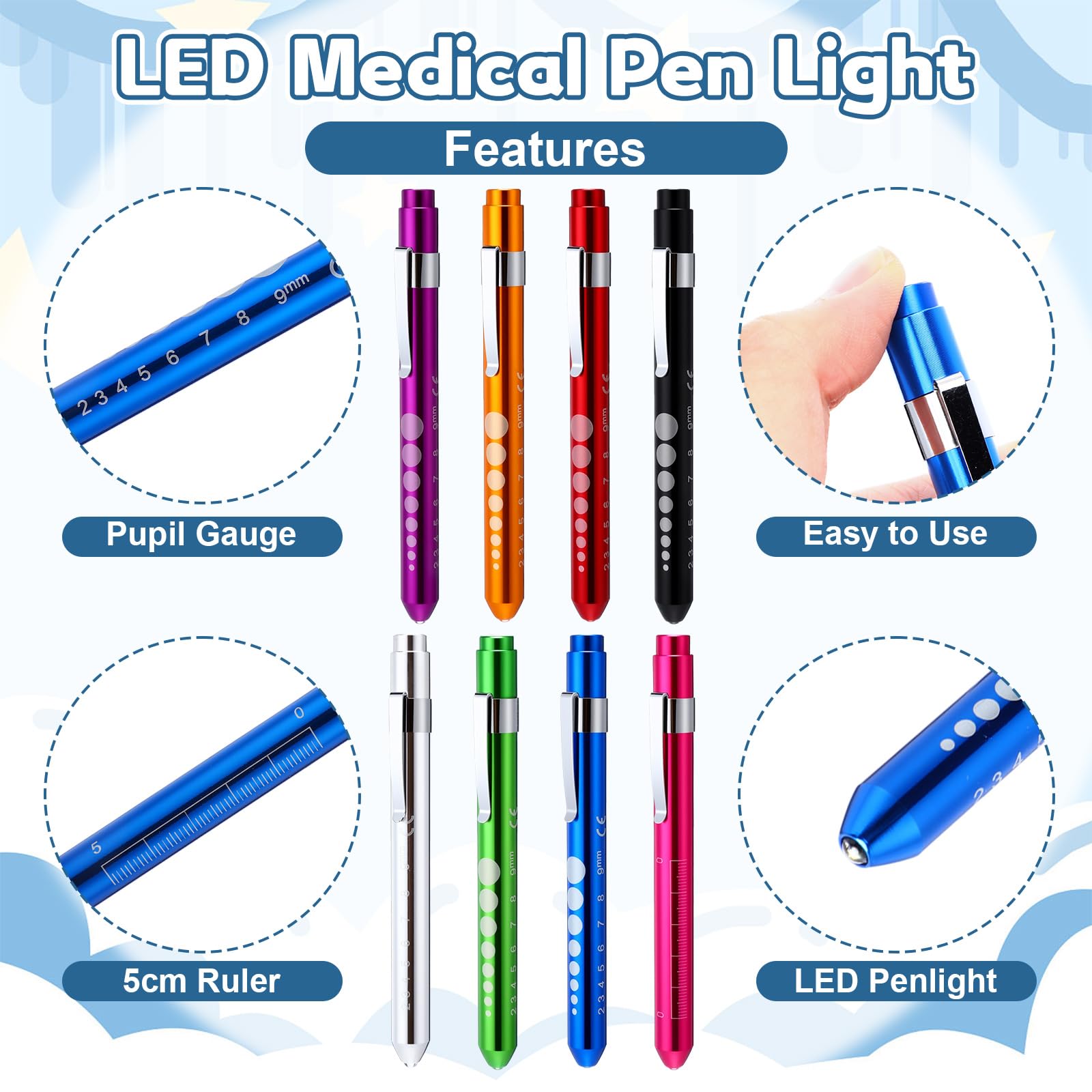 Lewtemi Confezione da 48 penne luminose per infermieri, con sacchetti in organza e biglietti di ringraziamento, penna medica, indicatore LED, riutilizzabile, per infermieri, medici, volontari EMS, 8