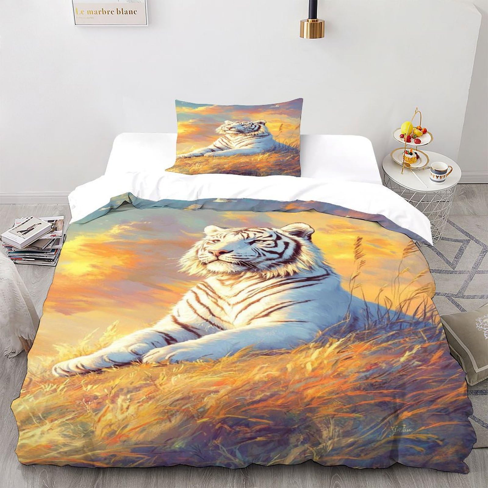 Housse de couette tigre blanc 2 pièces en microfibre 135x200cm