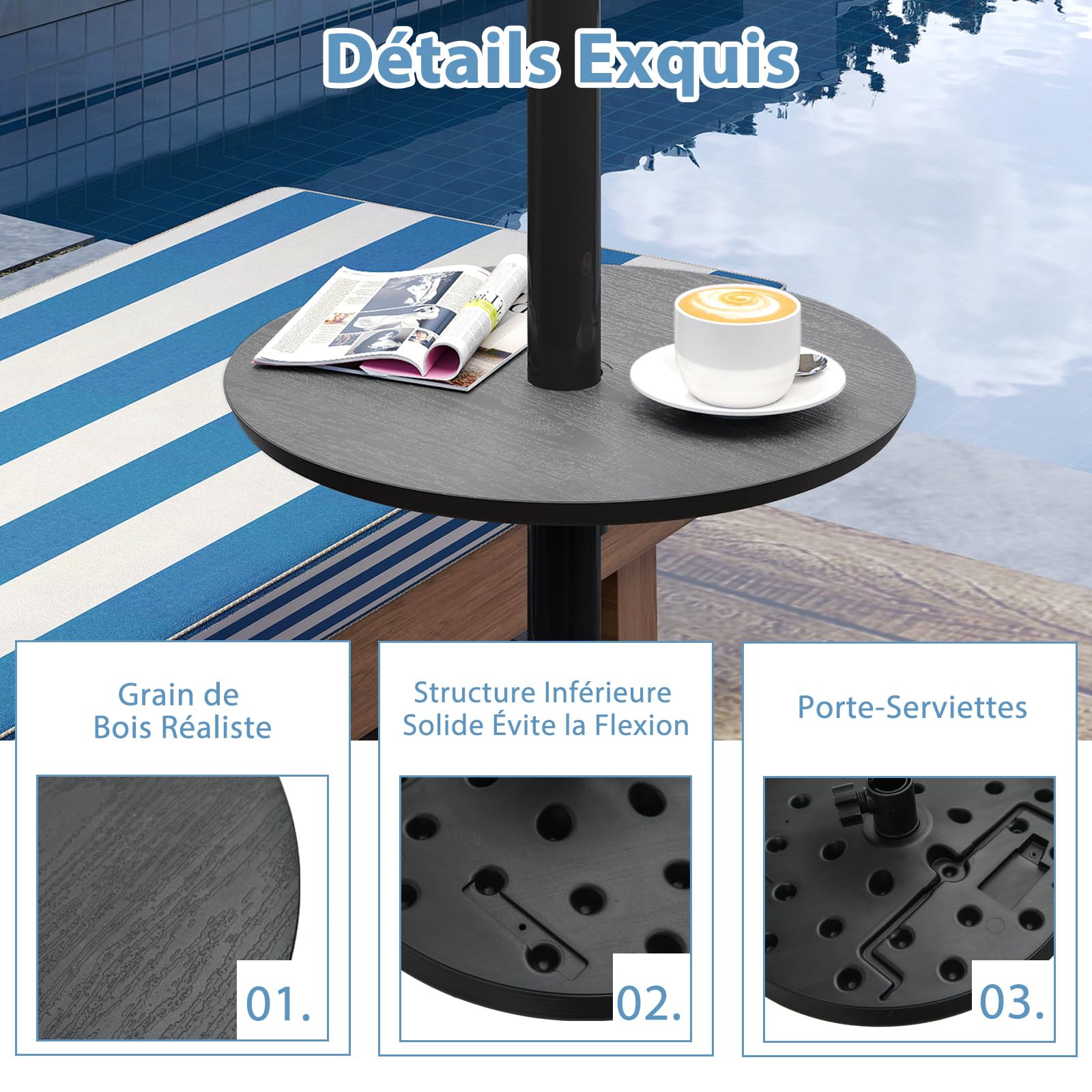 COSTWAY Table de Parasol de Jardin Ø50 cm, Trou pour Parasol de 38/48 mm, Plateau Rond en HDPE, Hauteur Réglable, Imitation Grain de Bois, Montage Facile, pour Piscine Jardin Plage (Noir)