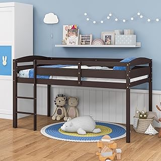 Giantex Twin Loft Bed with Ladder, Wood Low Profile Loft Bed with 30" Clearance & Safety Guard Rails, Space-Saving Loft Bed Frame for Kids Teens Junior, No Box Spring Needed, Kids Bed Frame, Espresso