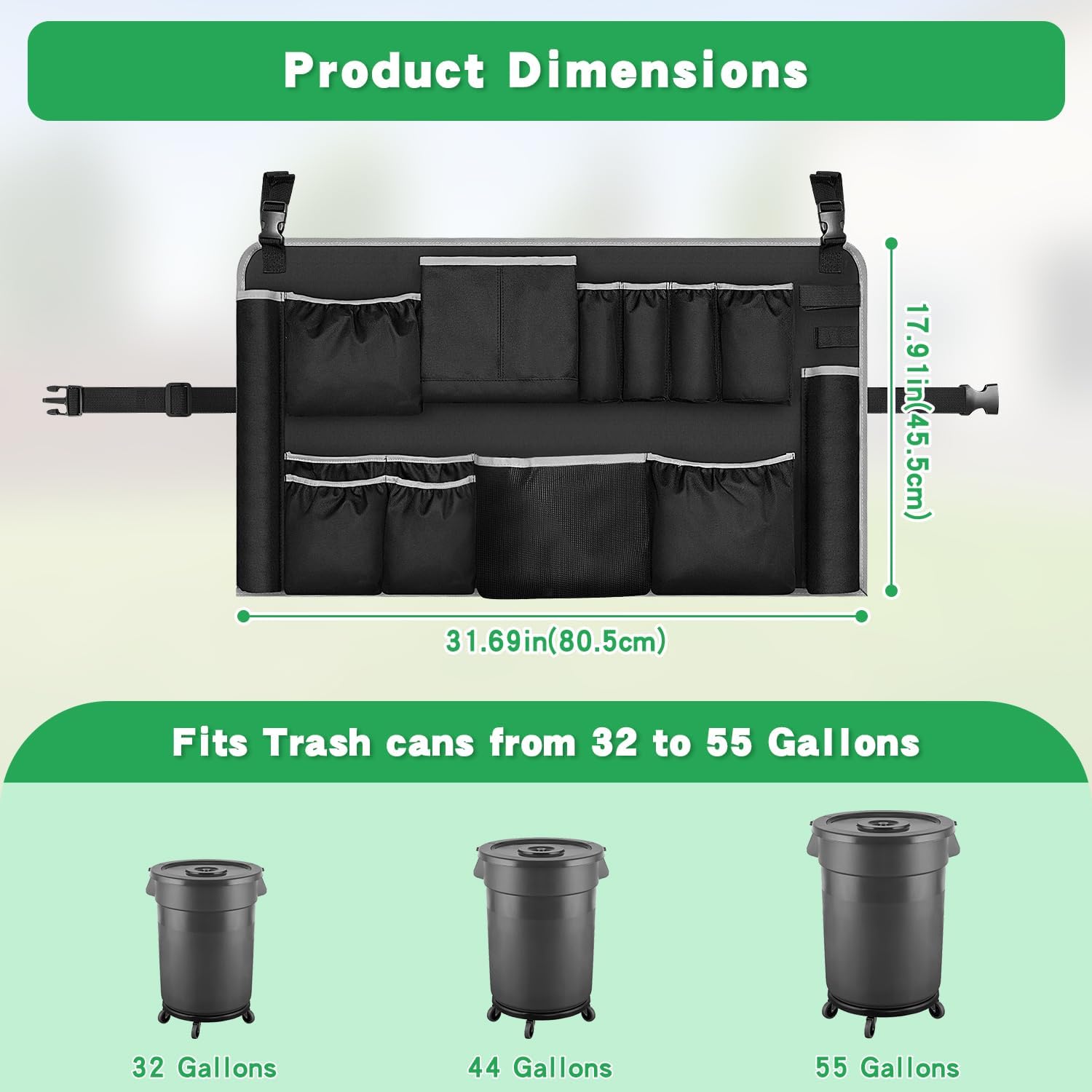 Trash Can Caddy Organizer with 10 Pockets - Cleaning Supply Holder for 32-55 Gallon Round Garbage Bins | Adjustable Strap Storage Bag for Sponges, Gloves, Spray Bottles, Cleaning Tools