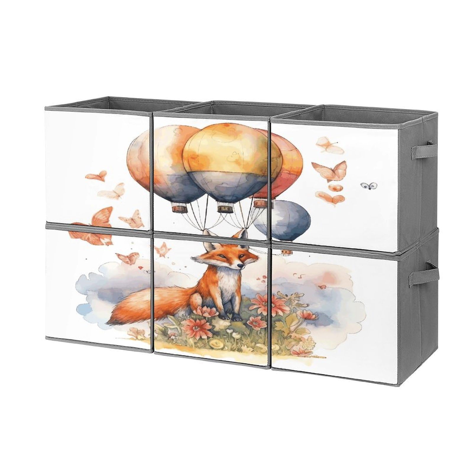 Fekiloot Style Fox And Hot Air Balloon Storage Bin For Foldable And Handles,Closet Organizer Of 6-Pack Stackable,Storage Box For Living,Room, Office,Bedroom,Closet