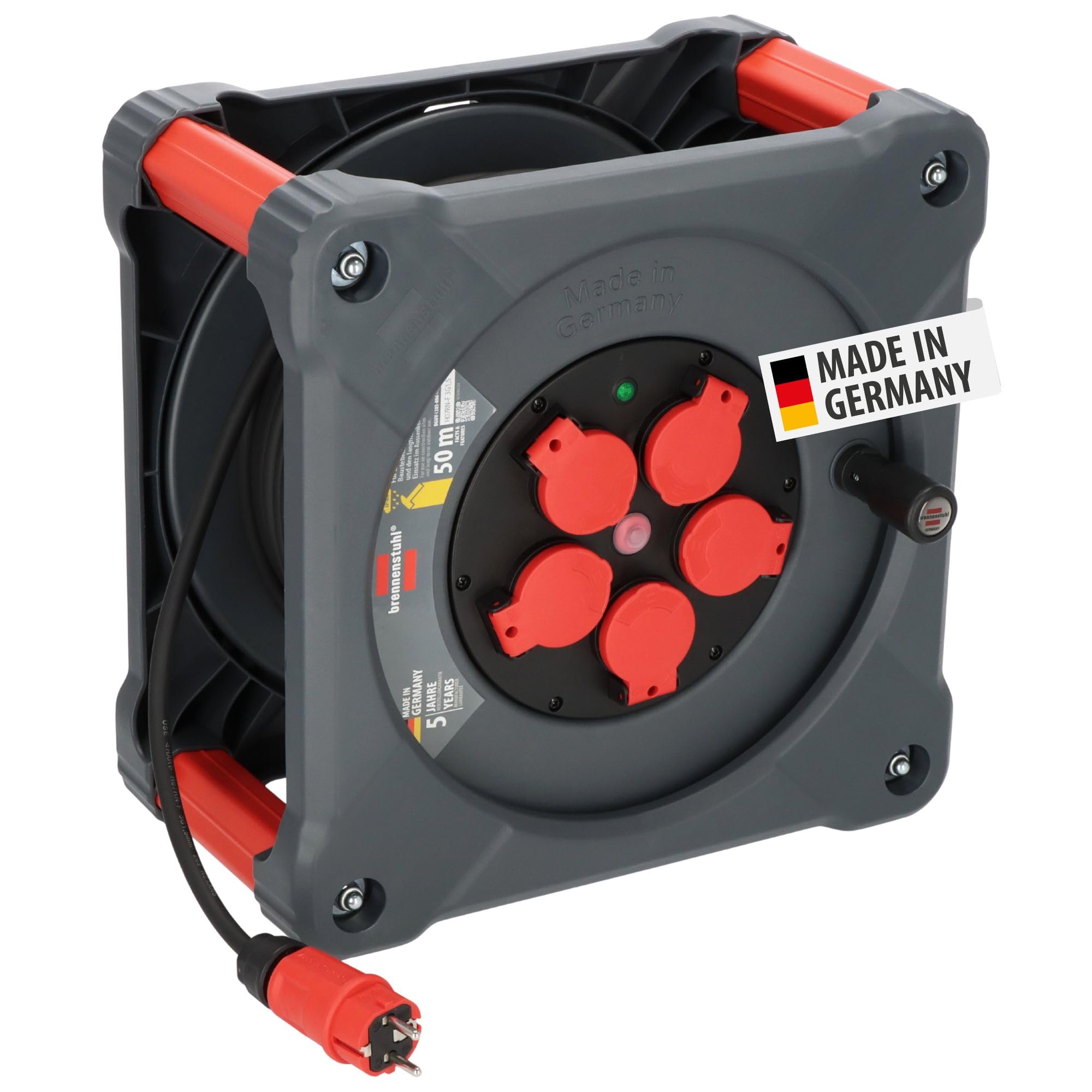 Brennenstuhl Avvolgicavo professionale per cantiere, KA 5100 5 IP44 (cavo 50 m H07RN-F 3G1,5 in nero, 5 prese di sicurezza, uso in cantiere e uso esterno permanente, Made in Germany)