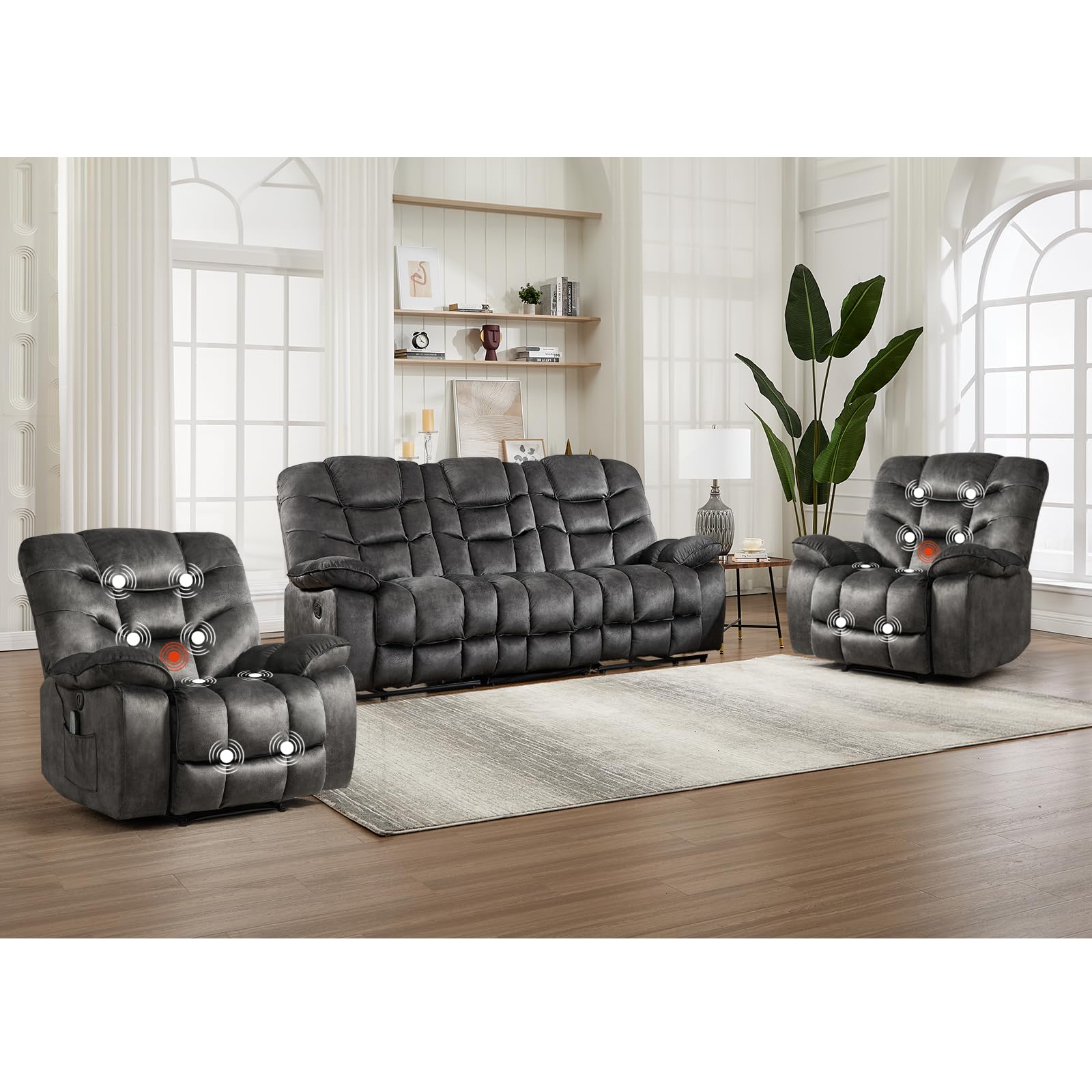 HAOMARKETS 3 Pieces Recliner Sofa Furniture Set, Include 2 Power Recliner Chairs with Message&amp;Heat and a 3-Seater Reclining Couch for Living Room, Grey