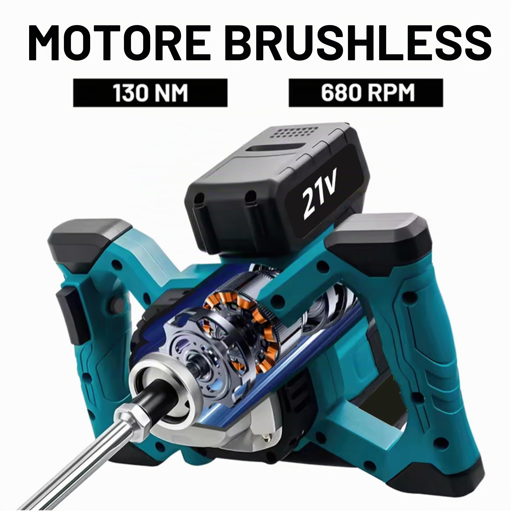 Agitatore per malta colorata a batteria, 24 V, senza spazzole, con attacco M14, 1700 W, 0-780 giri/min, 6 livelli regolabili, miscelatore industriale per materiali da costruzione in polvere (batteria