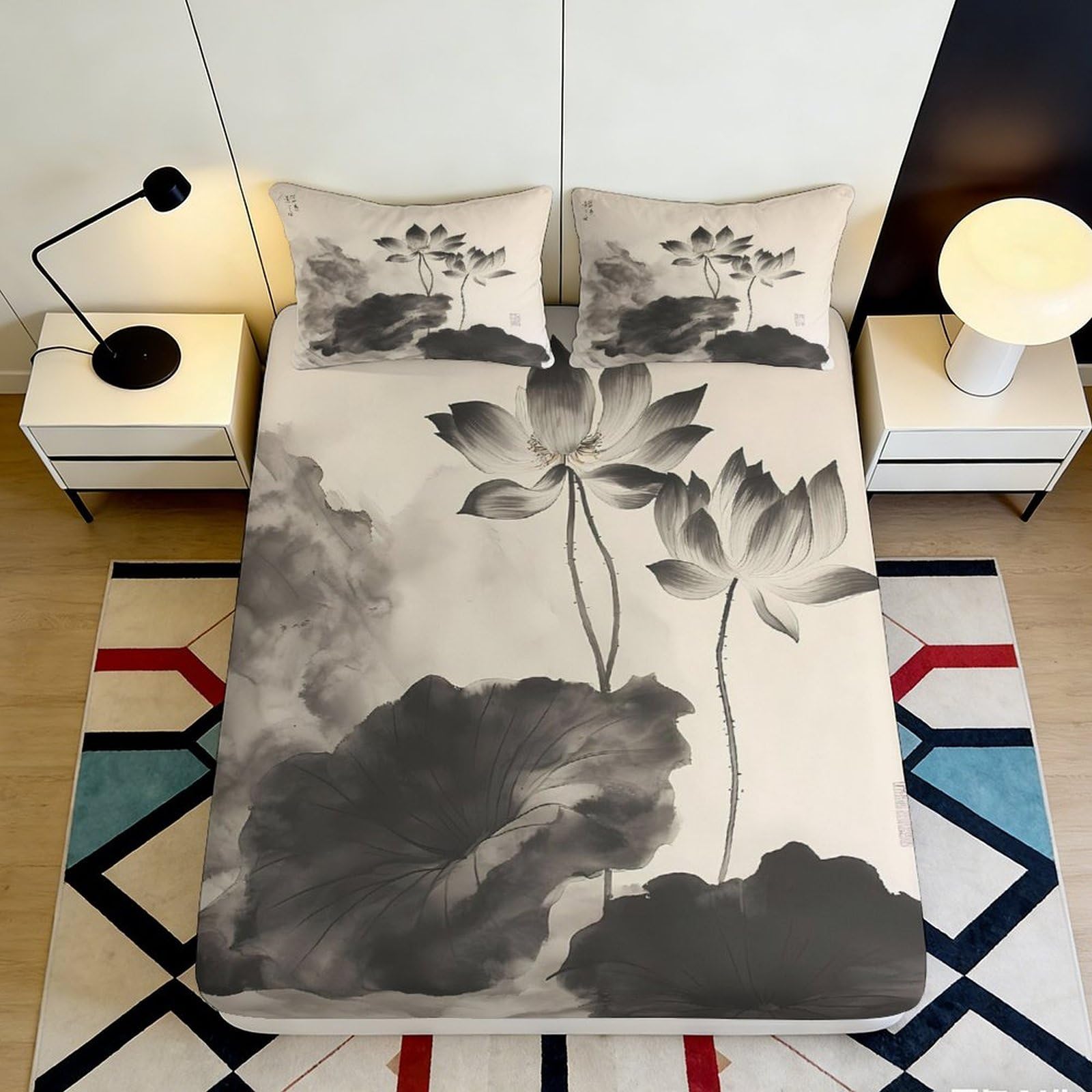 3D Printed Ink Lotus Fitted Sheet Microfiber Soft Breathable Chinese Watercolor Bed Cover for Bedroom Dorm Decor 90x200x25cm