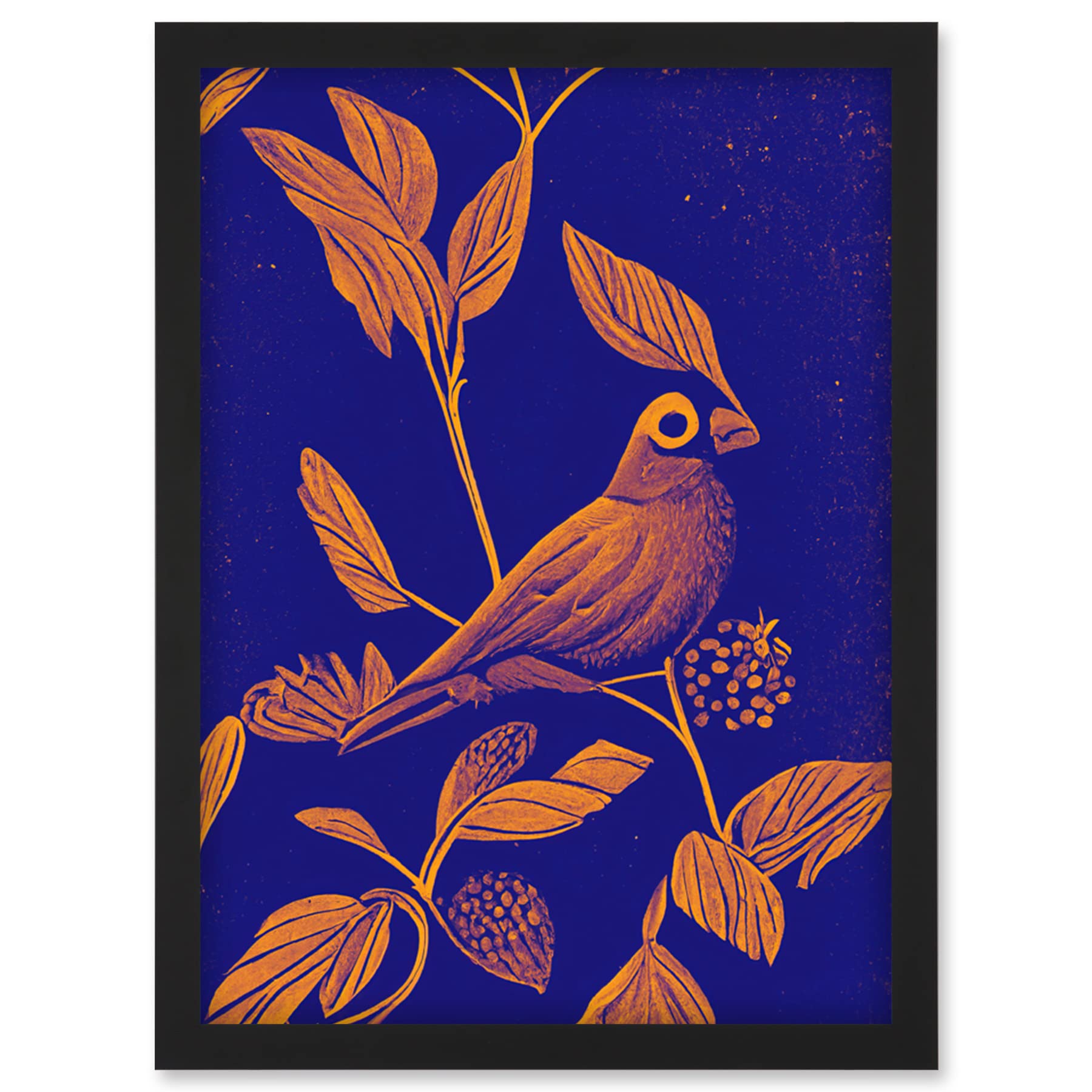 A4 Framed Art Print - Tropical Bird On Branch - Linocut Illustration - Vintage Art Nouveau Pattern - Artery8