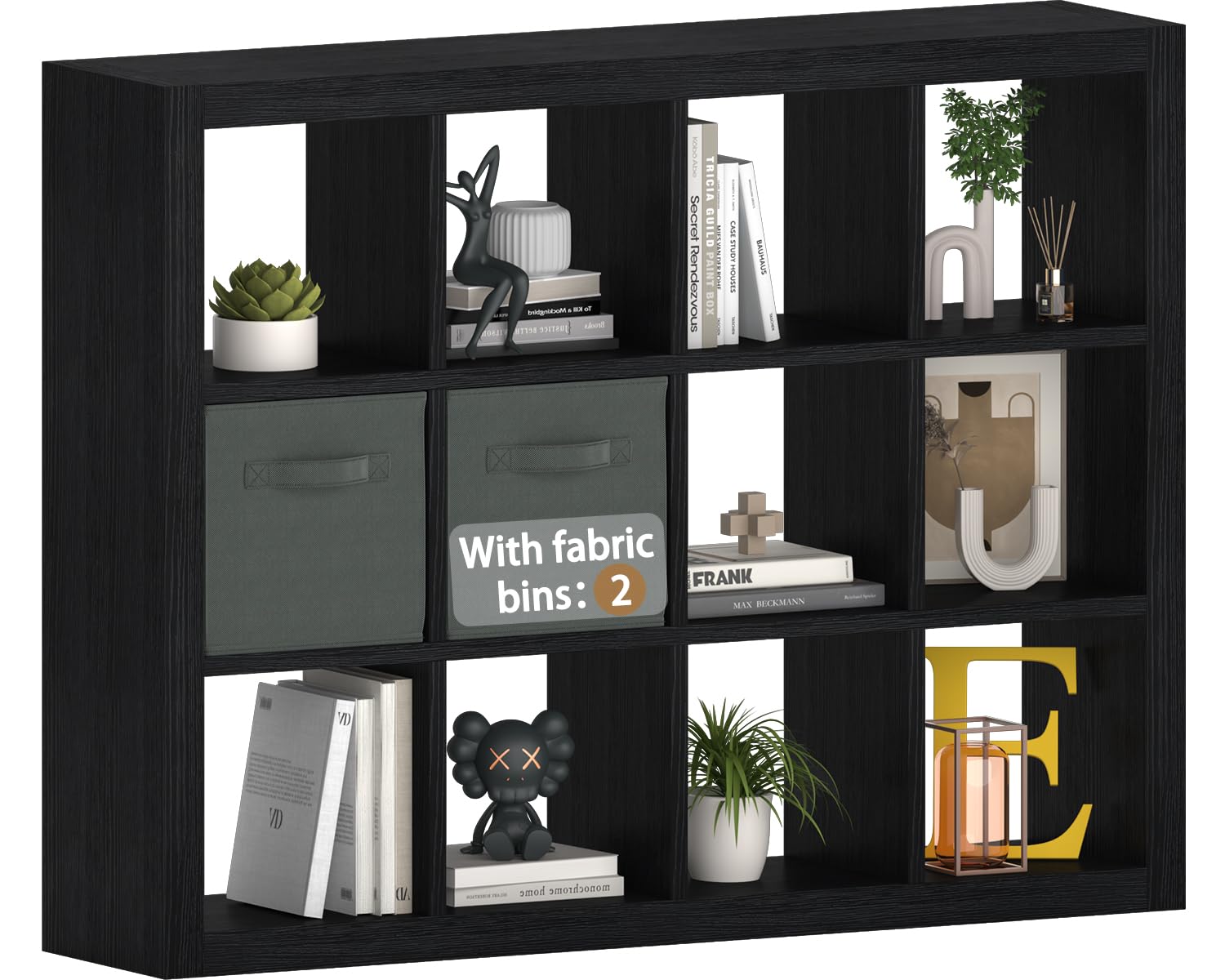 furtble Bookshelf with Storage Bin, 12-Cube Storage Organizer, Modern Wood Open Bookcase, Multifunctional Display Shelf for Living Room, Bedroom, Home
