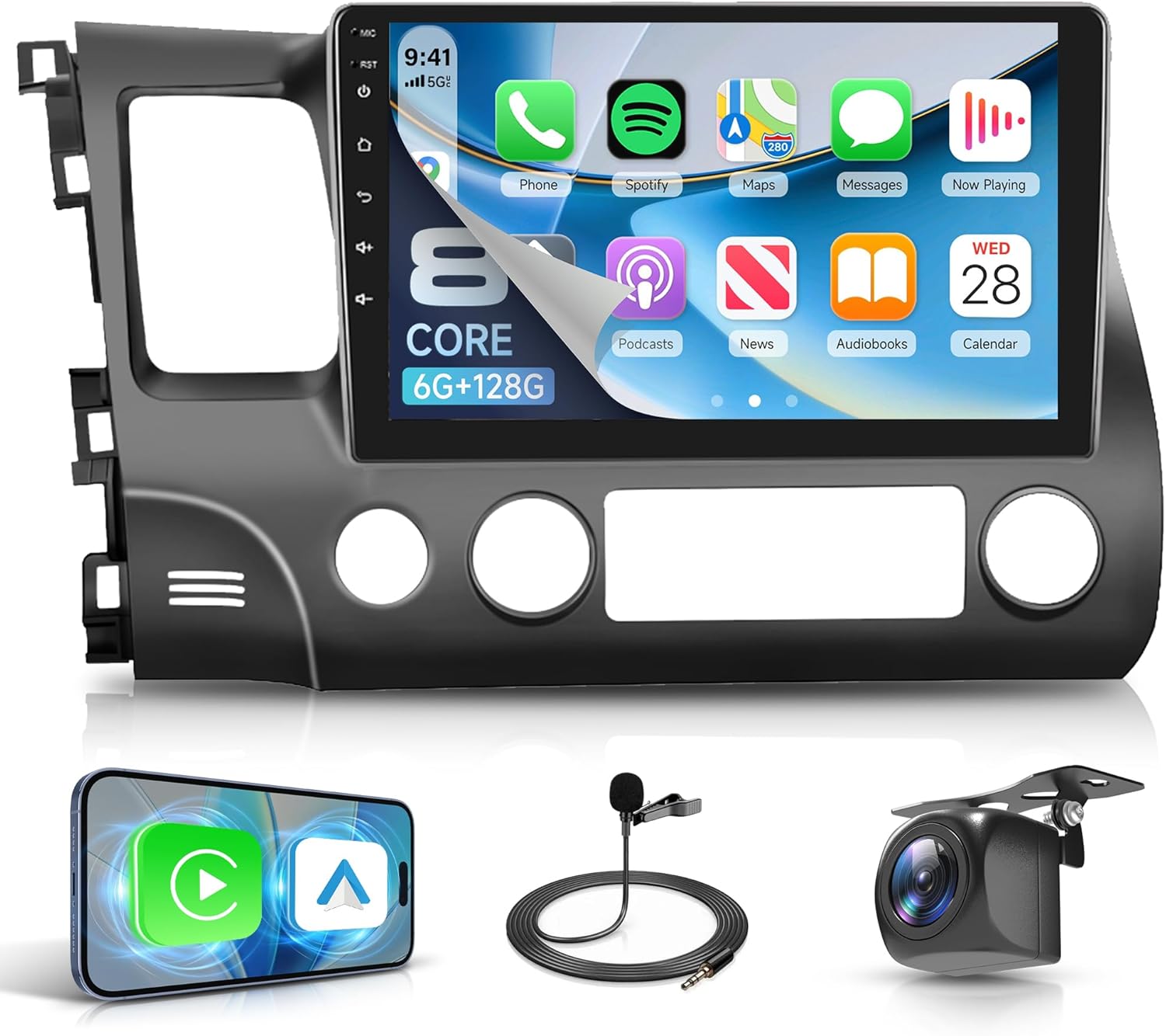 8 Core 6G+128G Android 15 Car Stereo for Honda Civic 2006-2011, Wireless Carplay Android Auto, Rimoody 10.1'' Touch Screen with 360° Panoramic View GPS/BT 5.0/FM RDS/DSP/5G-WiFi Backup Camera SWC
