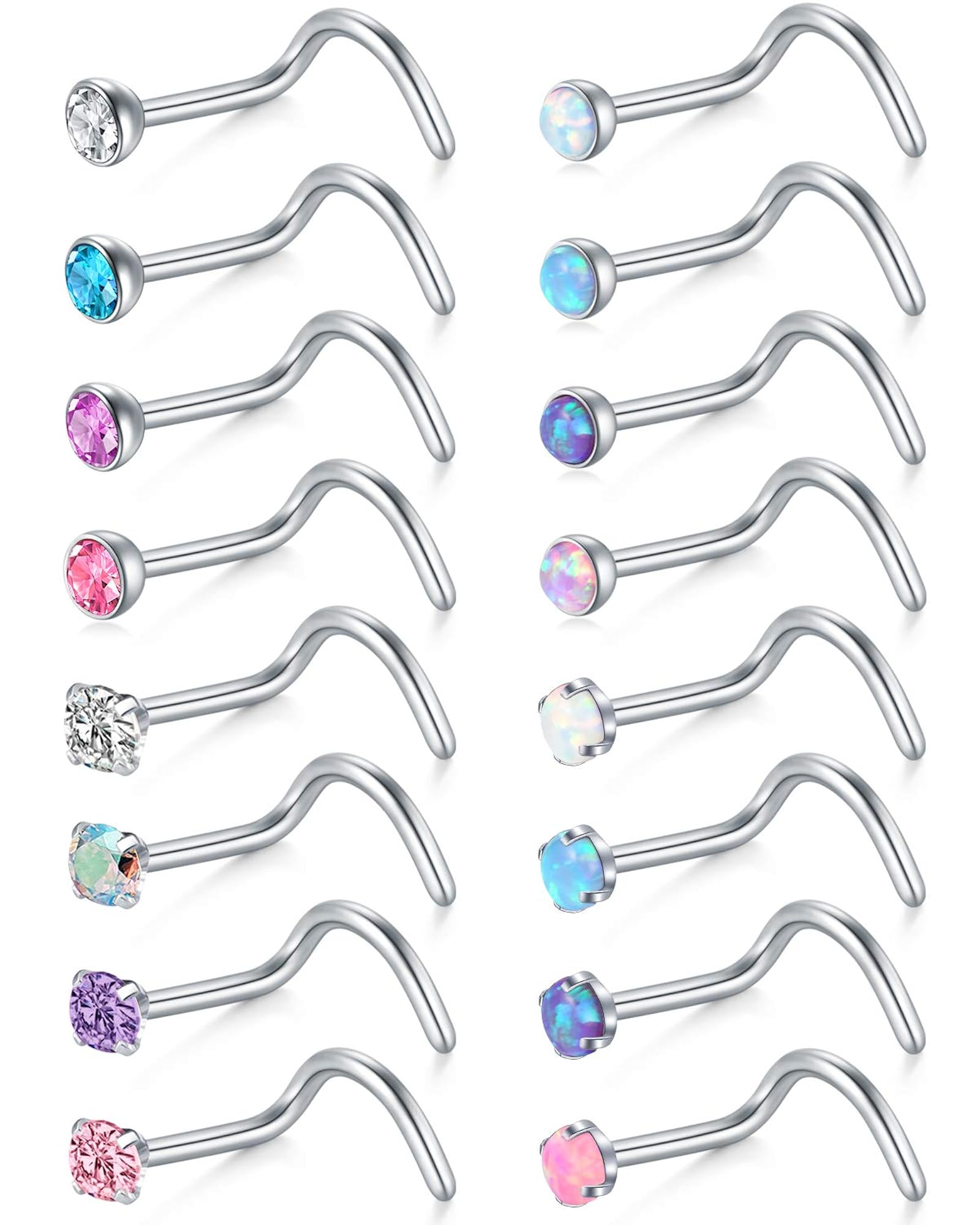 20G Surgical Steel Nose Screw Studs, CZ Inlaid Opal Nose Rings