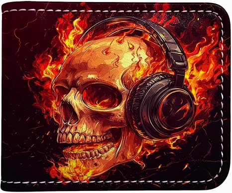 Skull Headphones Fire Bifold Wallet For Men PU Leather Small Wallet