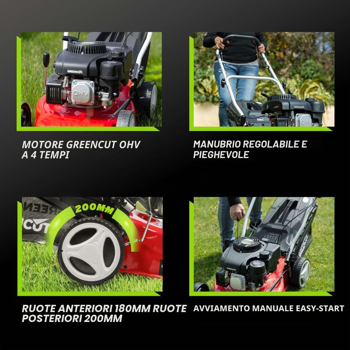 GREENCUT GLM690X – Rasaerba a benzina 132cc semovente, avviamento manuale, larghezza 41 cm, altezza regolabile, sacco 45 L, per giardini fino a 1100 m²