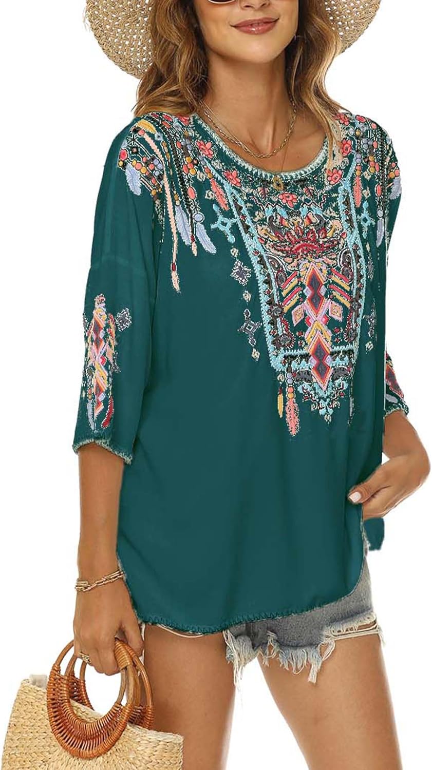 LauraKlein Women Mexican Embroidered Shirt for Women Bohemian Style Top Blouse 3/4 Sleeve Summer Casual Tunics - Image 4